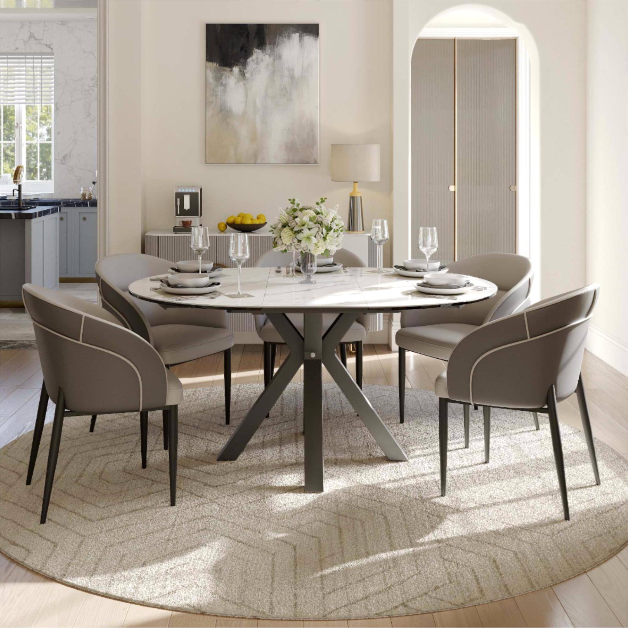 Left. POVISON - Modern Upholstered Dining Chairs Set of 2, Faux Leather Barrel Chairs, Gray & Light Gray - Light Gray & Gray.