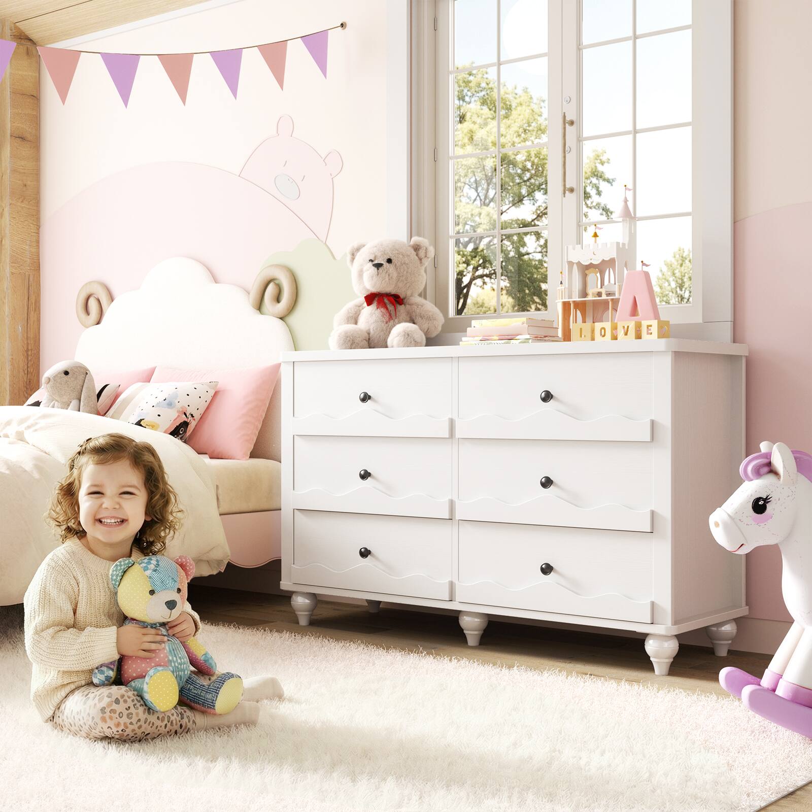 Back. Aheaplus - 43-inch Modern 6-Drawer Dresser with Scalloped Front for Bedroom & Living Room Storage - White.