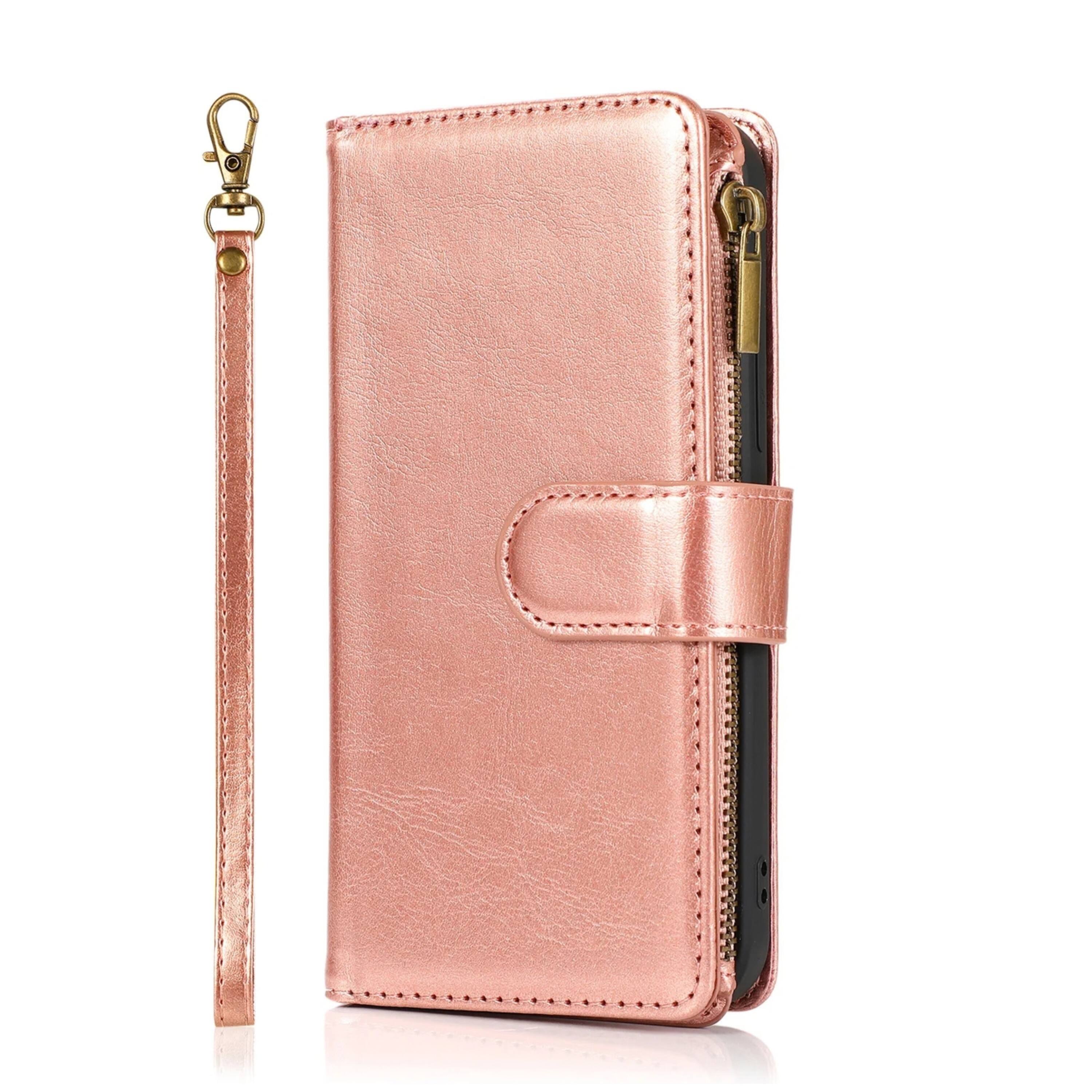 Angle. Kitcheniva - Multi Card Zipper Wallet Phone Case With ID Holder And Tempered Glass For iPhone 13 14 Rose Gold - Rose Gold.