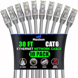 Maximm - Cat 6 Ethernet Cable 30 ft (10-Pack) - UTP, 10Gbps, 550MHz
