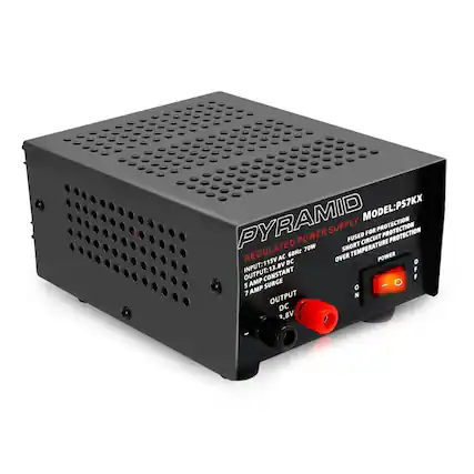 PYRAMID MODEL: PS7KX
REGULATED POWER SUPPLY FOR PROTECTION
INPUT: 115V AC 60Hz 70W
OUTPUT: 13.8V DC CONSTANT
5 AMP SURGE
7 AMP OUTPUT DC 3.8V
SHORT CIRCUIT PROTECTION
OVER TEMPERATURE PROTECTION
POWER FUSED
SURGE PROTECTION