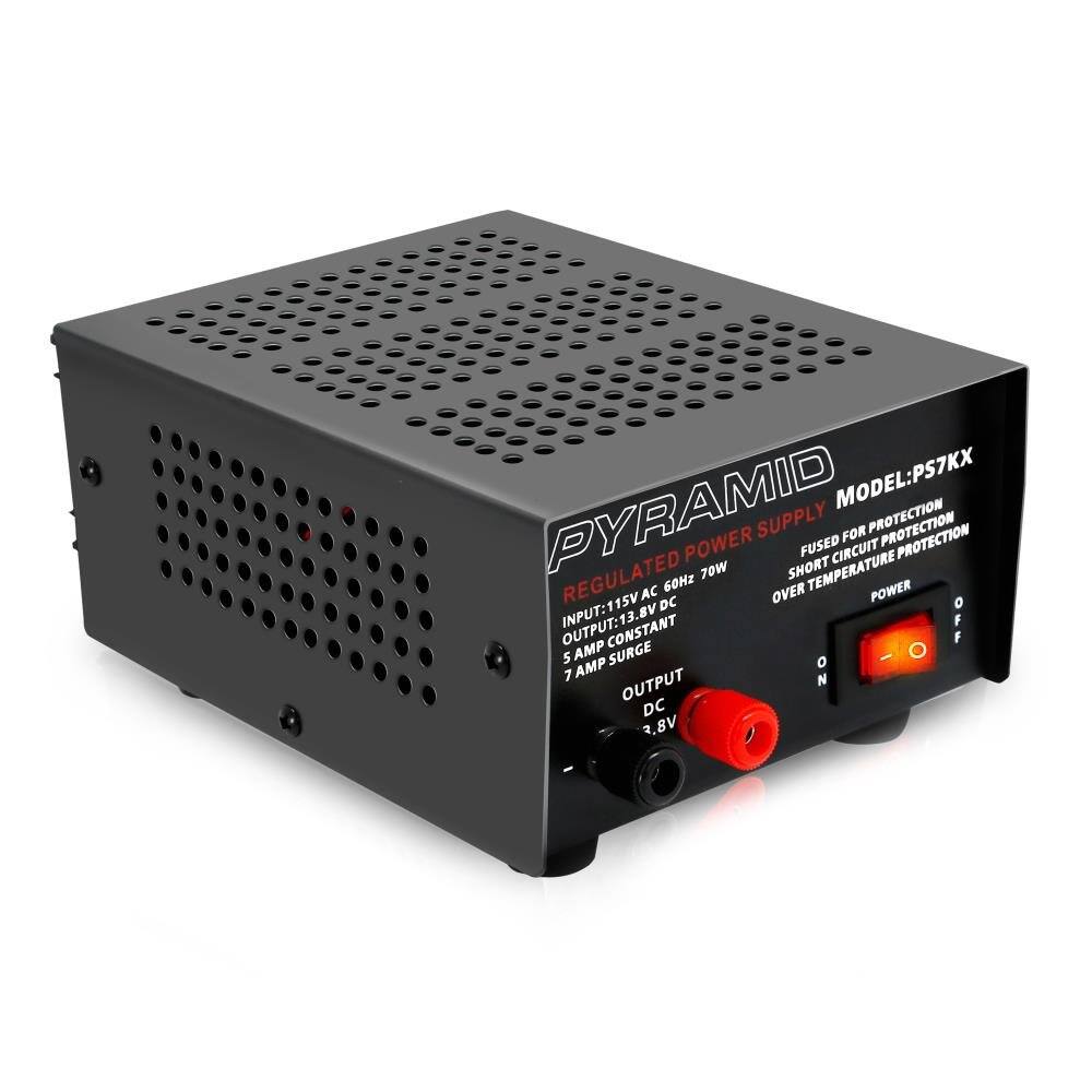 PYRAMID MODEL: PS7KX  
REGULATED POWER SUPPLY FOR PROTECTION  
INPUT: 115V AC 60Hz 70W  
OUTPUT: 13.8V DC CONSTANT  
5 AMP SURGE  
7 AMP OUTPUT DC 3.8V  
SHORT CIRCUIT PROTECTION  
OVER TEMPERATURE PROTECTION  
POWER FUSED  
SURGE PROTECTION