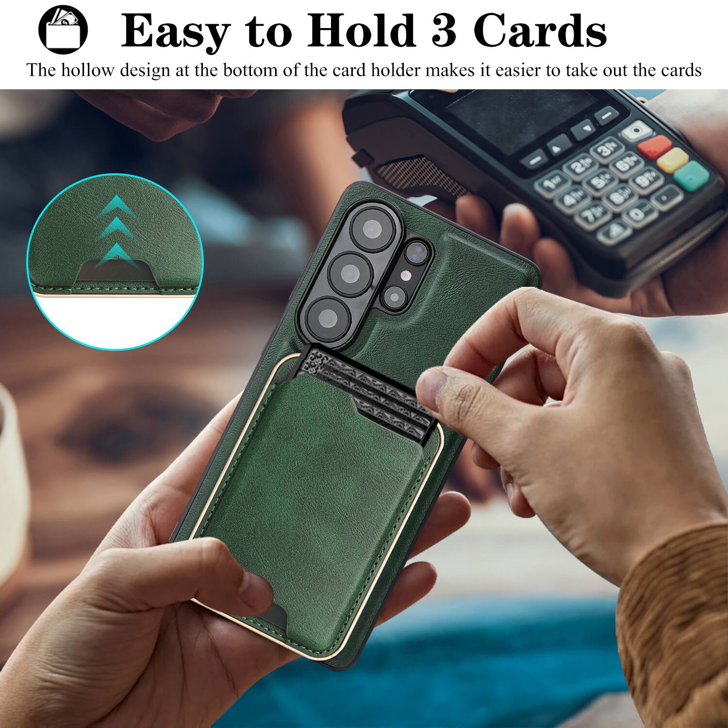 Easy to Hold 3 Cards

The hollow design at the bottom of the card holder makes it easier to take out the cards