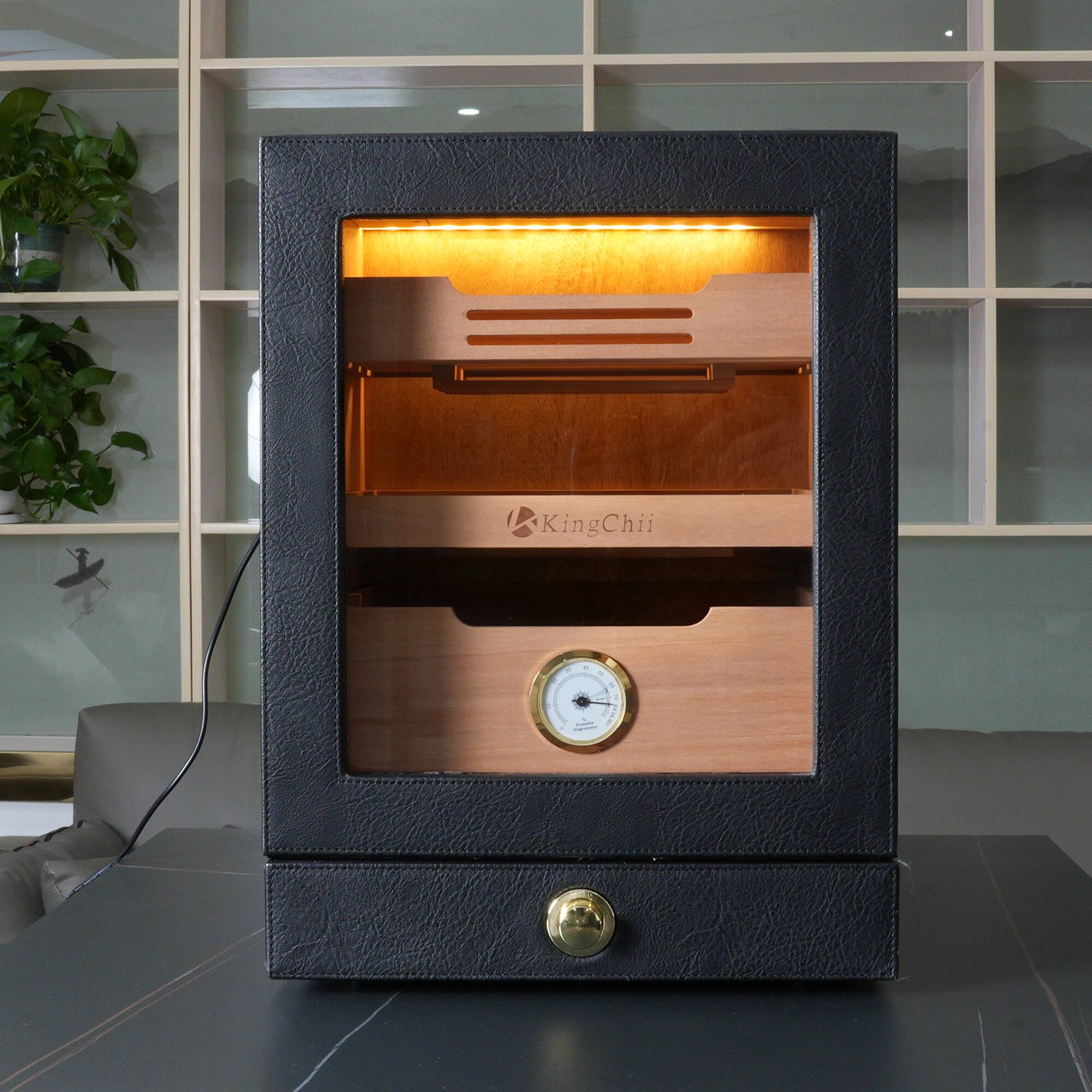 Alt View 1. KingChii - KingChii 20L 100-Cigar Humidor Cabinet with Spanish Cedar, Hygrometer, 3 Humidifiers & 3-Color LED - Black - Black.