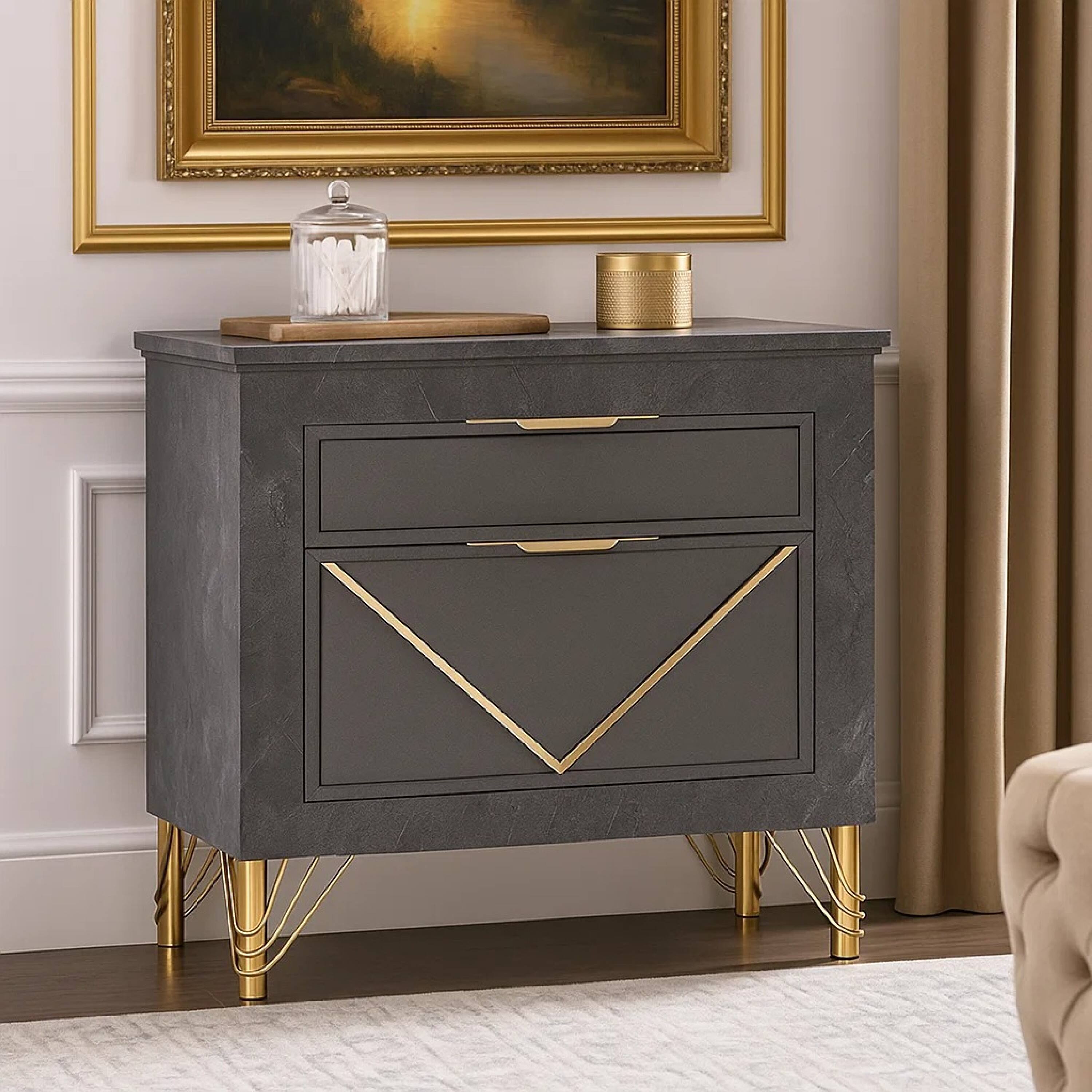 Alt View 3. Manhattan Lane - Semy Nightstand, 2  Accented Drawers,  Marble Laminate - Charcoal Gray, Gold.