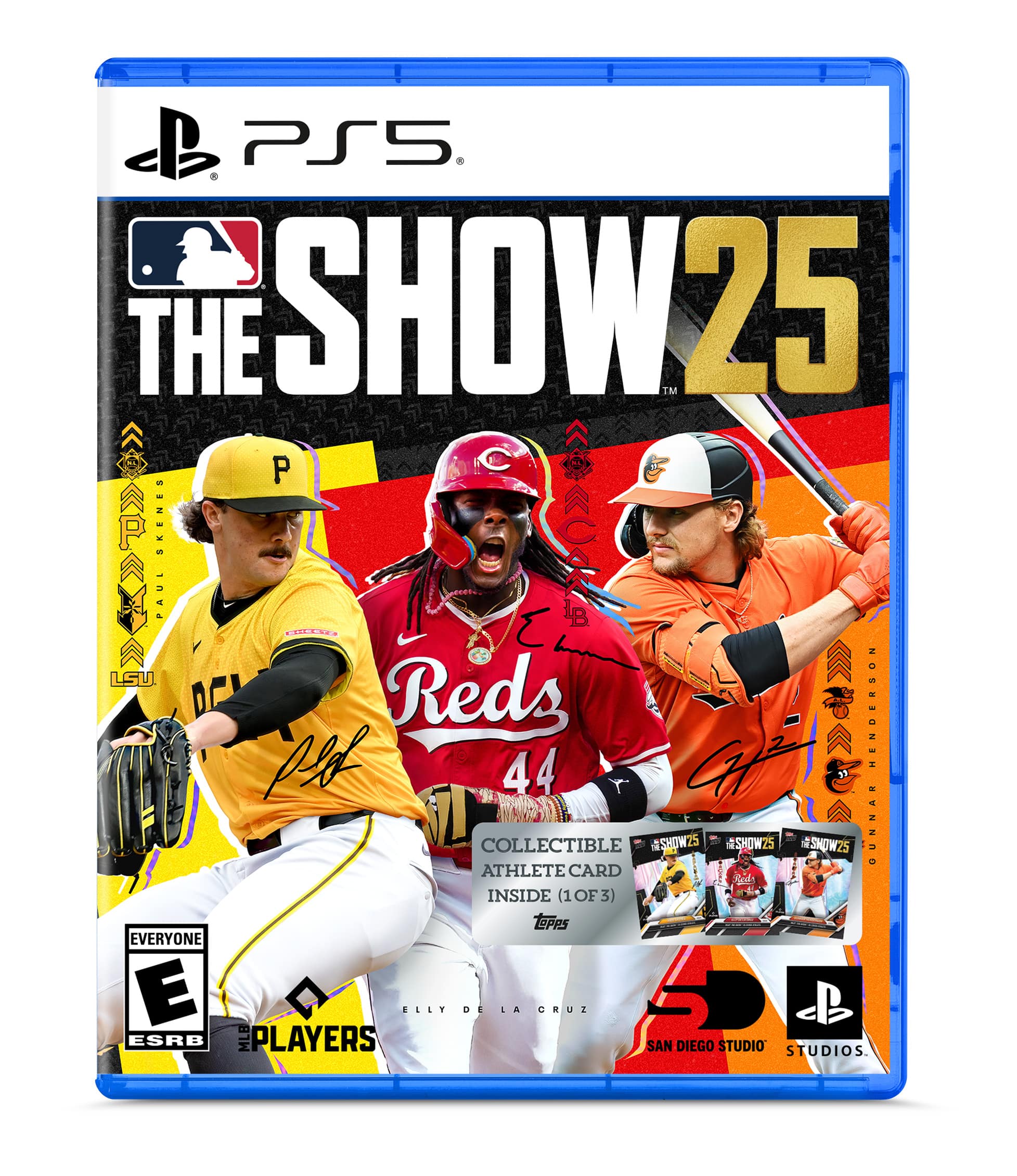 The image features a baseball video game called "The Show 25" for the PlayStation 5 console. The cover of the game showcases three baseball players, including a man wearing a yellow jersey and a man wearing a red jersey. The game is rated E for Everyone by the ESRB and is available for purchase at a store. The cover also includes a collectible Show 25 athlete card, which is inside the game.