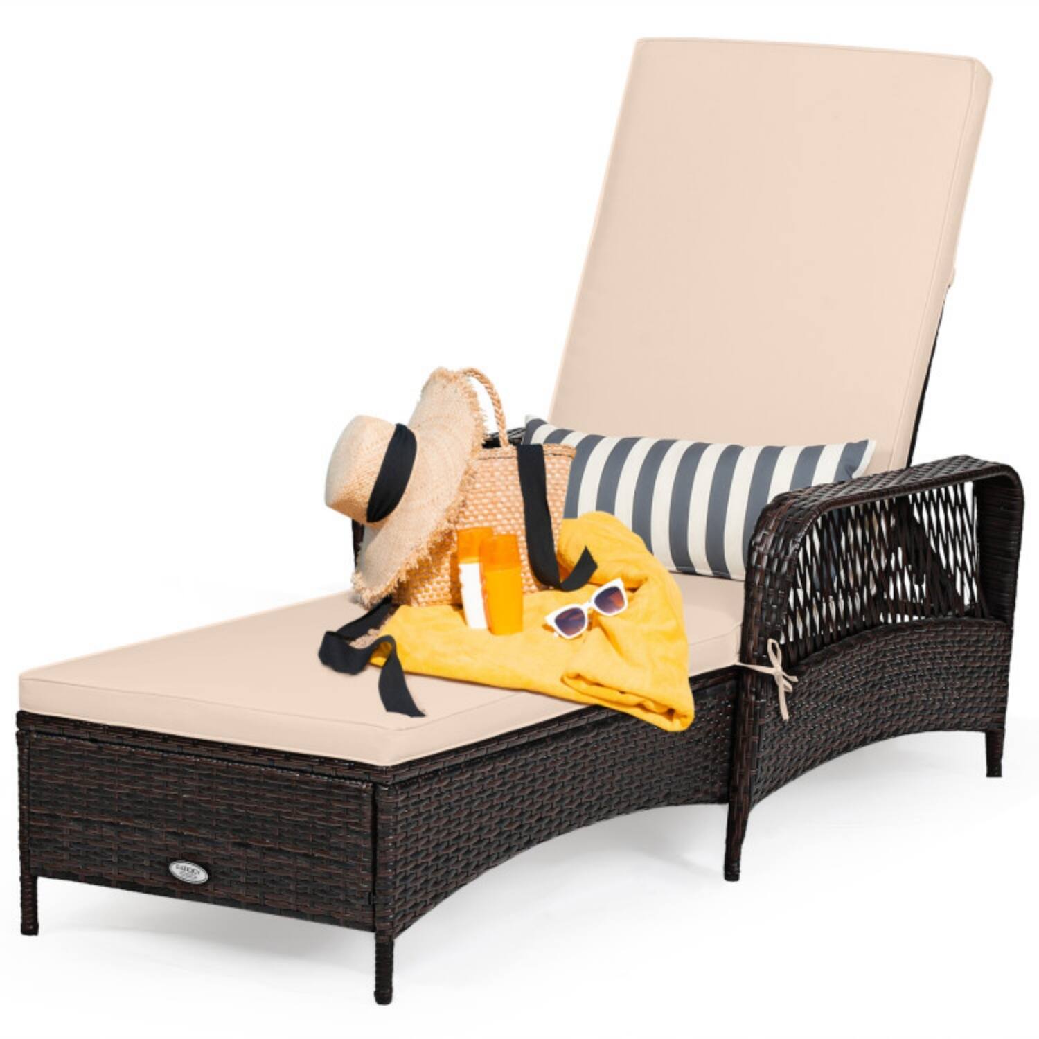Alt View 3. Mondawe - Outdoor Patio Wicker Chaise Lounge Chair w 6-Gear Backrest & Pillow 400 lbs - Beige.