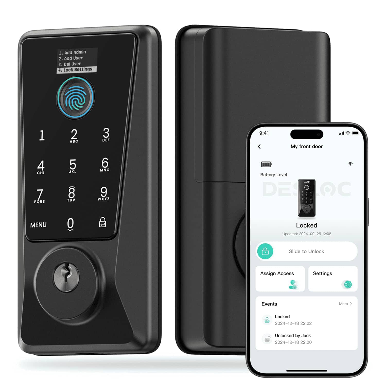 GlowWise - BHMA Grade 3 Smart Lock Fingerprint & Wi-Fi Keyless Entry, App Control, LockVue Display, IP54, for Front Door, Black - Blank