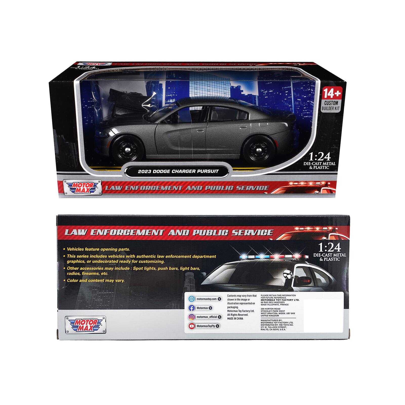 14+ CUSTOM BUILDER KC 2023 DODGE CHARGER PURSUIT 1:24 DEF CAST METAL & PLASTIC MOTOR LAW ENFORCEMENT AND PUBLIC SERVICE Vehicles feature opening parts. This series includes vehicles with authentic law enforcement department graphics, or undecorated ready for customizing. Other accessories may include Spot lights, push bars, light bars, radios, firearms, etc. Color and content may vary 1:24 DIE-CAST METAL & PLASTIC MOTOR MAX inotormautoy.com f -tara - @mt Conteen - T0T an tha ..... : - . -  - 1 - POT -- - - -. .... Iraon reproentation   packaging | . - be Fattary  C... -.. w... - - : - dgen -anun ... - MAN - THMA C - didas