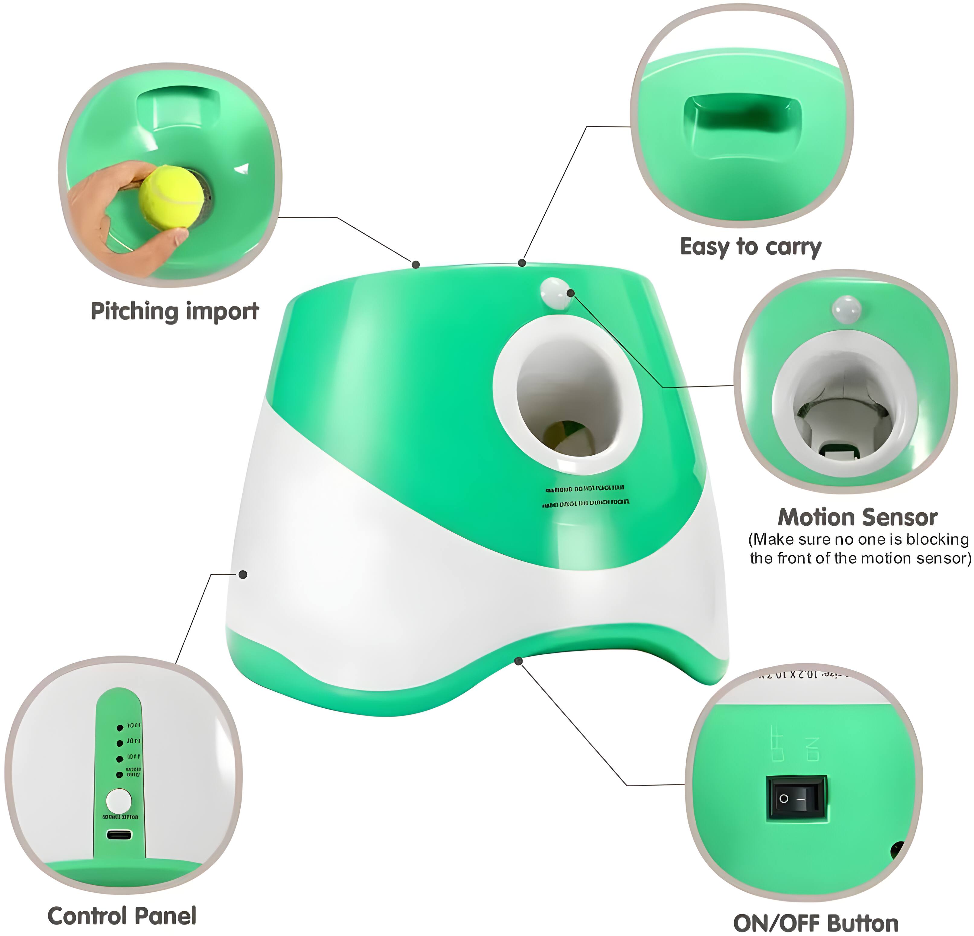 Easy to carry  
Pitching import  
SSISTUsA I a - LRCE ron - Motion Sensor  
(Make sure no one is blocking the front of the motion sensor)  
10.2X10 21 211 -.  
- ON - i .  
Control Panel ON/OFF Button