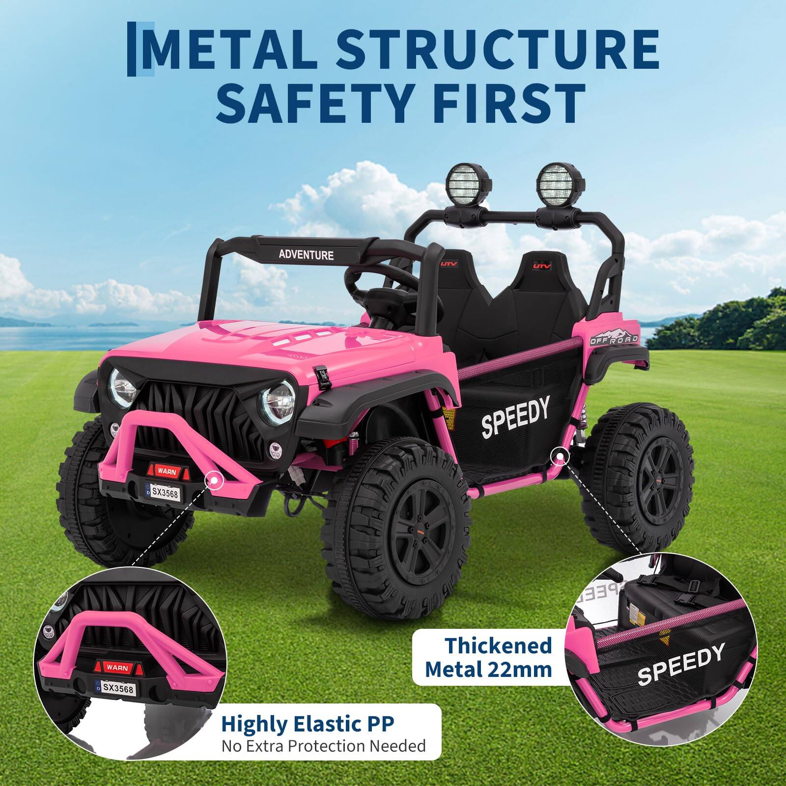 **METAL STRUCTURE SAFETY FIRST**

- **Thickened Metal 22mm**
- **Highly Elastic PP**
- **No Extra Protection Needed**

**SPEEDY**  
**OFFROAD**  
**ADVENTURE**  
**UV**  
**UV**  
**WARN SX3568**