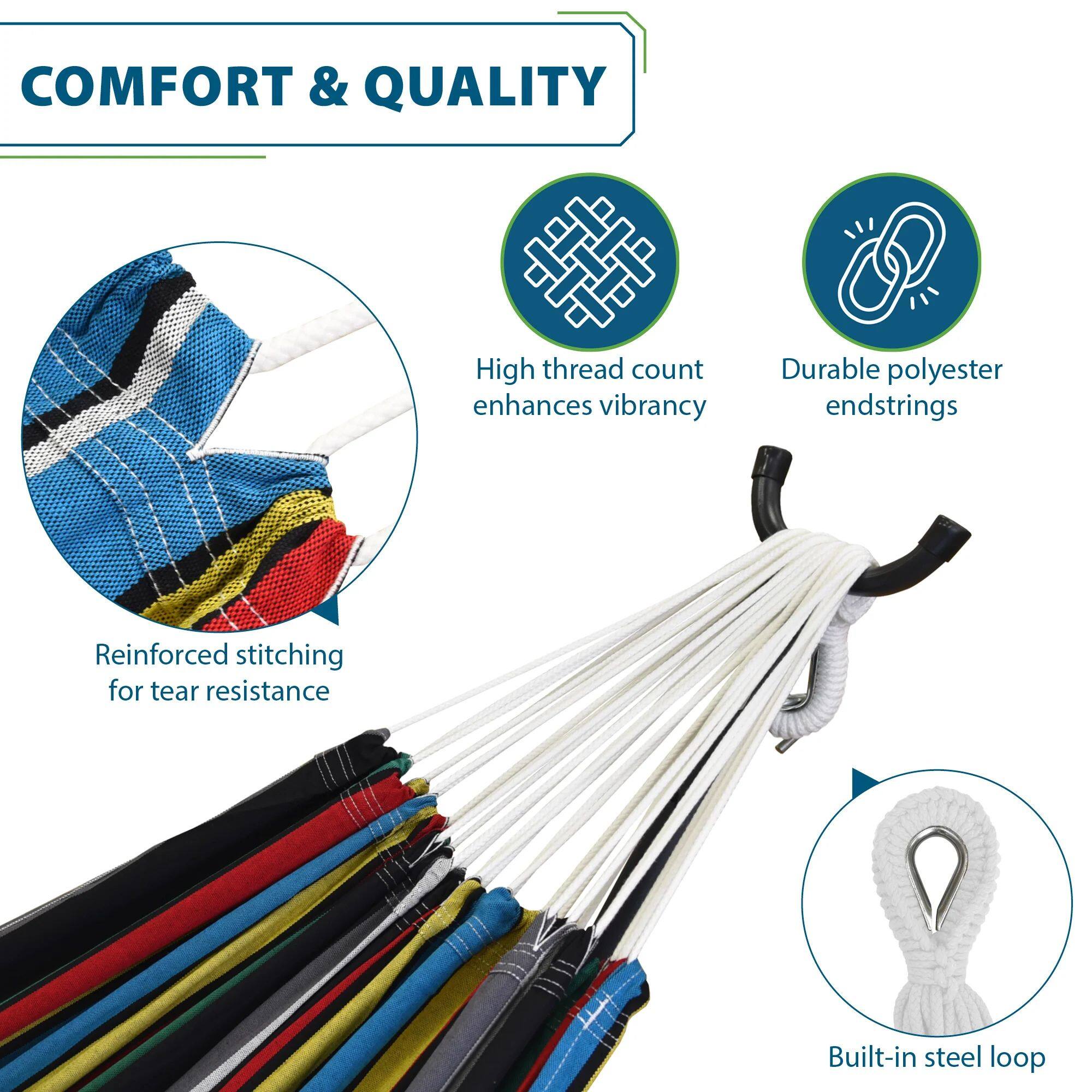COMFORT & QUALITY

- High thread count enhances vibrancy
- Durable polyester endstrings
- Reinforced stitching for tear resistance
- Built-in steel loop