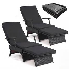 Costway - 2 PCS Folding Wicker Chaise Lounge with Slide-Out Ottoman, Sun-Proof PE Rattan - Mix Brown+Black
