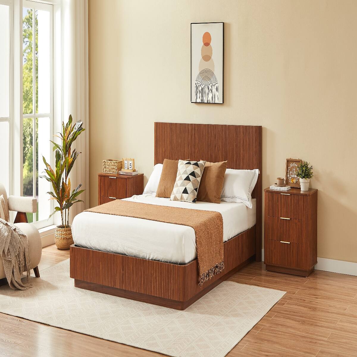 Alt View 7. Loheer - Loheer 3 Drawer Nightstand Set of 2, Walnut Nightstand, 23.6 Inch Wide Curved Wave Panels - Walnut.