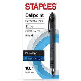 Staples - Postscript Retractable Ballpoint Pens, Medium Point, Dozen - Black Ink