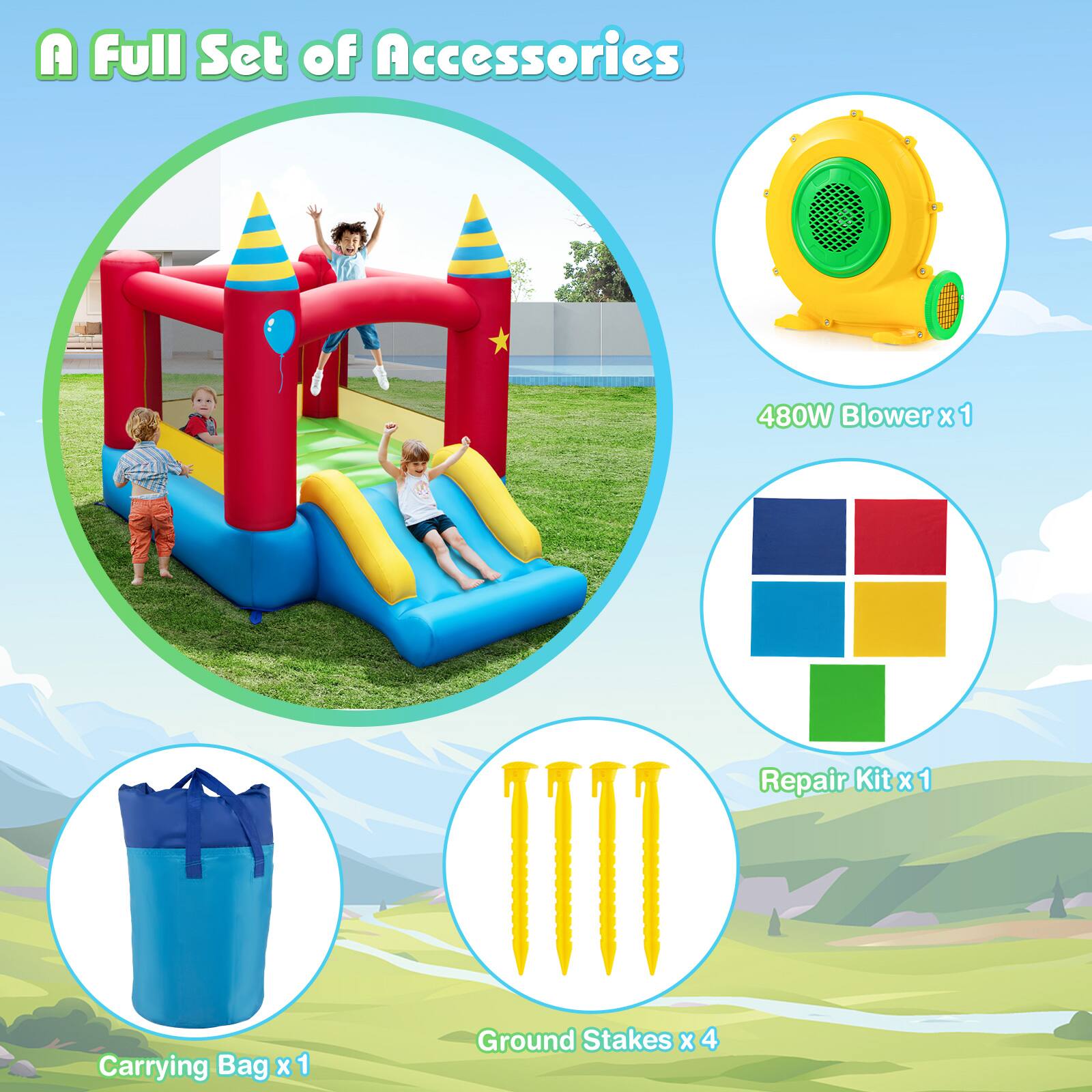 A Full Set of Accessories  
480W Blower x 1  
Repair Kit x 1  
Carrying Bag x 1  
Ground Stakes x 4