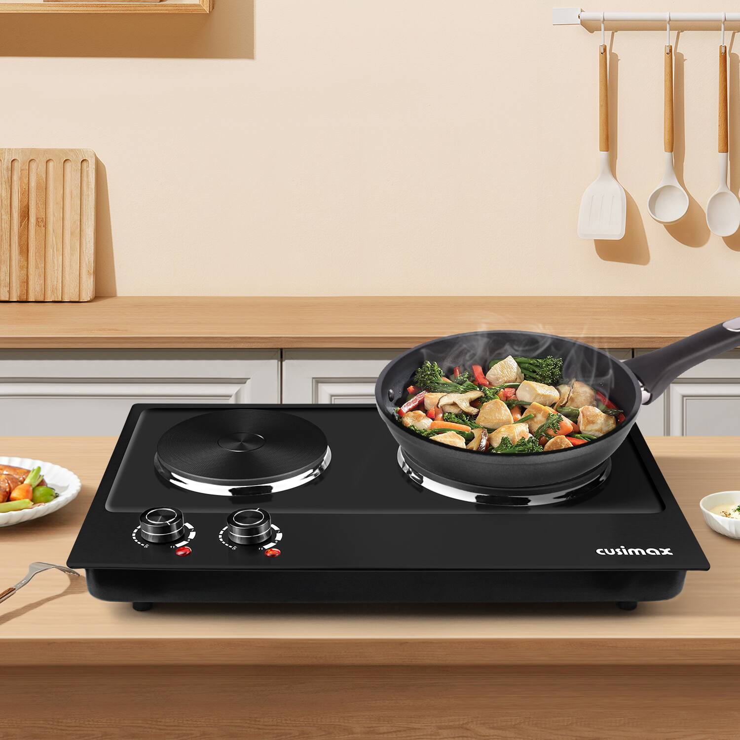 Alt View 4. Cusimax - 1800W Countertop Cast Iron 7.4 6.1 In. 2 Burner With Temper Controls Portable Home Use Easy Clean Cooktops - Black.