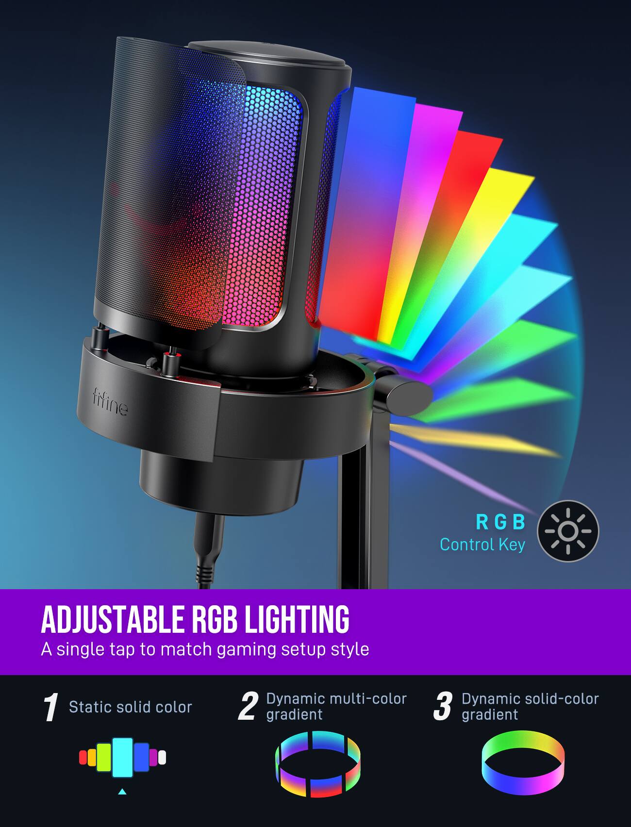 Adjustable RGB Lighting: A single tap to match gaming setup style. 1 Static solid color, 2 Dynamic multi-color, 3 Dynamic solid-color, 4 Gradient, 5 Gradient.