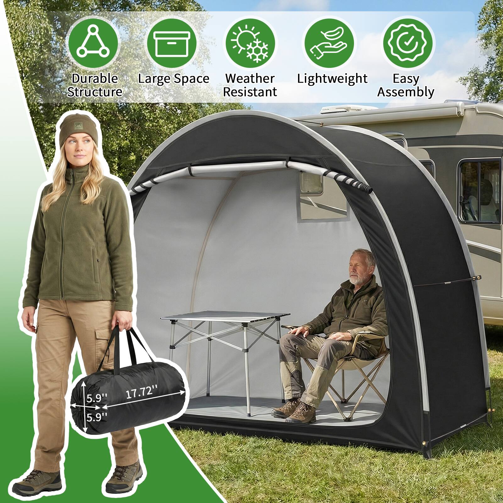 Durable Structure  
Large Space  
Weather Resistant  
Lightweight  
Easy Assembly  

5.9"  
17.72"  
5.9"