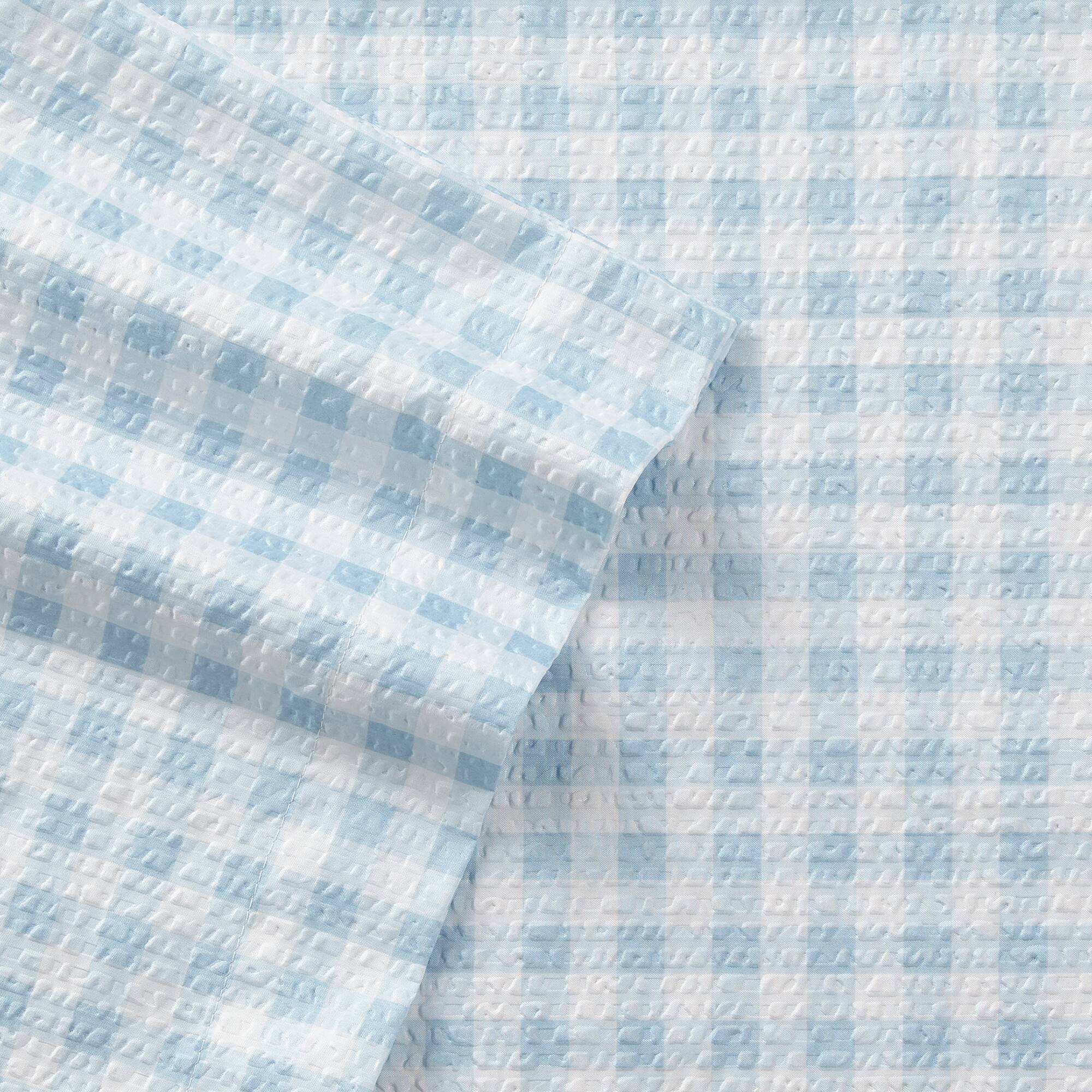 Alt View 1. Shavel Home Products - Seersucker Sheet Set, King, Gingham Blue - Gingham Blue.