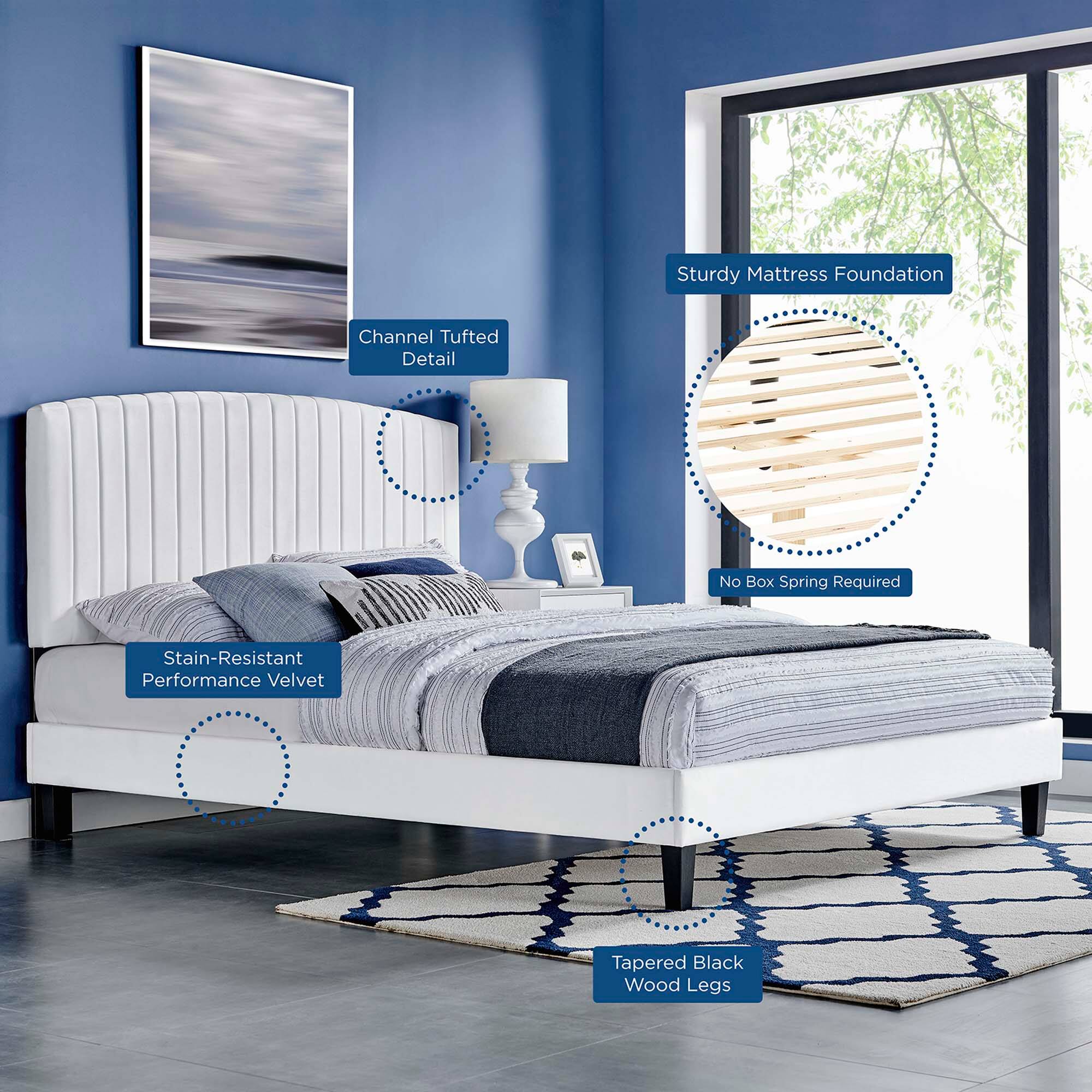 Sturdy Mattress Foundation  
Channel Tufted Detail  
No Box Spring Required  
Stain-Resistant Performance Velvet  
Tapered Black Wood Legs