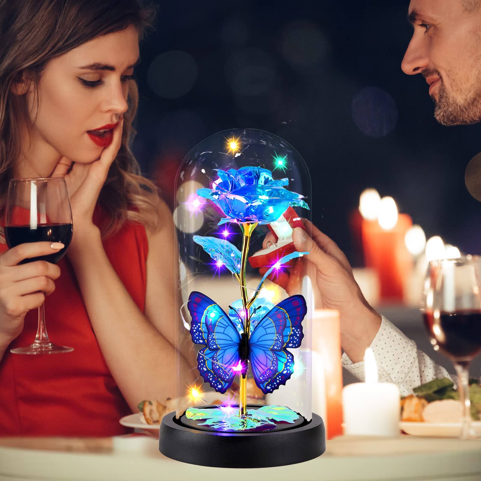 Back. Fabibe - Beauty And The Beast Rose Flower Gifts For Women Light Up Galaxy Gift Mom Crystal With Butterfly In Glass Dome - Red2.