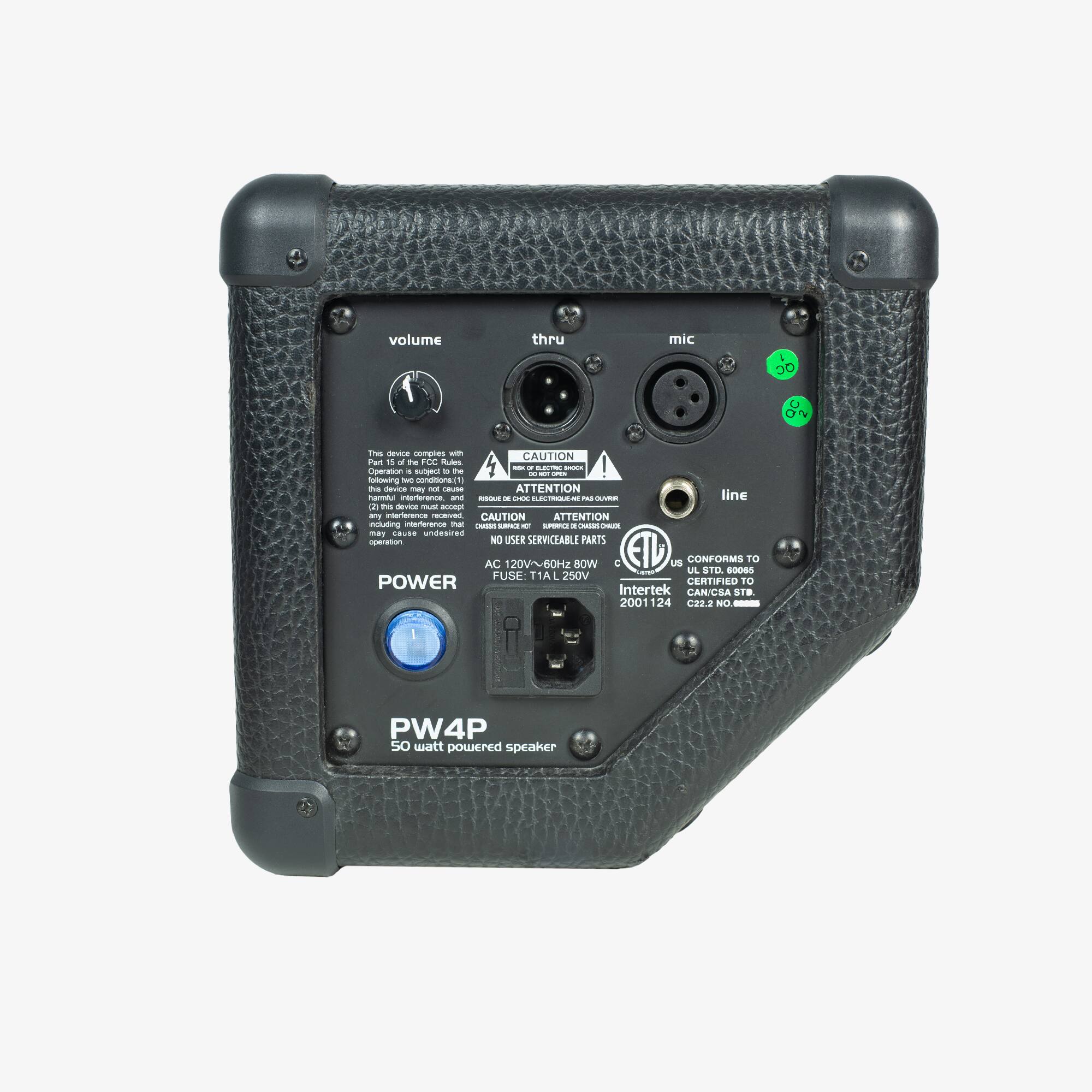 volume thru mic DC Pos - samples - CAUTION than 11 a -he 100 SA C - mulget - the - .- - - ! following - conditons  - -vie - - uBUSE ATTENTION nu mnertenenna ad - - - EOEE - .. - line 2 - - muNi - a teriarenzs - CAUTION ATTENTION maturtig - me - - SmTC - mas  undesires na NO USER SERVICEABLE PARTS AC 120V60Hz BOW 1 EIL us CONFORMS TO UL STO 8008S FUSE: TIAL 250V POWER CERTIFIED TO Intertek CANCEA ST. 2001124 C22.2 MO - PW4P 50 watt powered speaker
