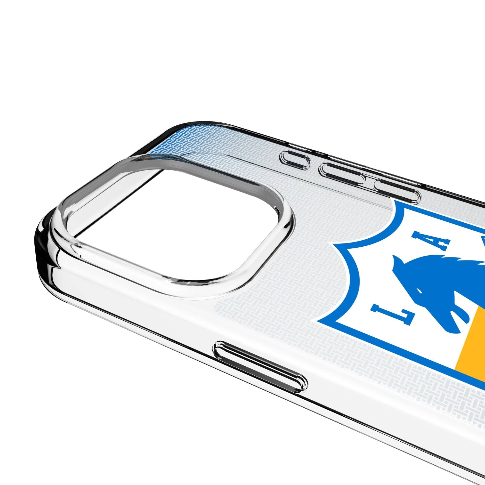 Alt View 2. Keyscaper - Los Angeles Chargers Linen Logo iPhone Clear Case - 14 Pro - Multicolor.