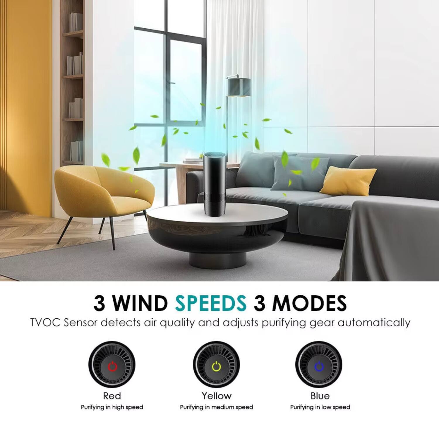 3 WIND SPEEDS 3 MODES  
TVOC Sensor detects air quality and adjusts purifying gear automatically  

Red  
Purifying in high speed  

Yellow  
Purifying in medium speed  

Blue  
Purifying in low speed