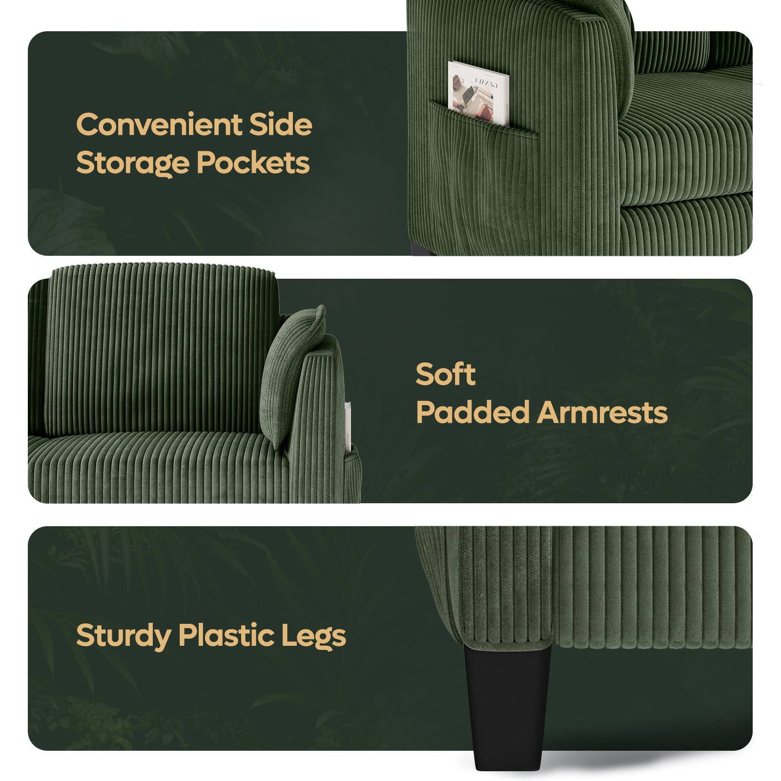 Convenient Side Storage Pockets  
Soft Padded Armrests  
Sturdy Plastic Legs
