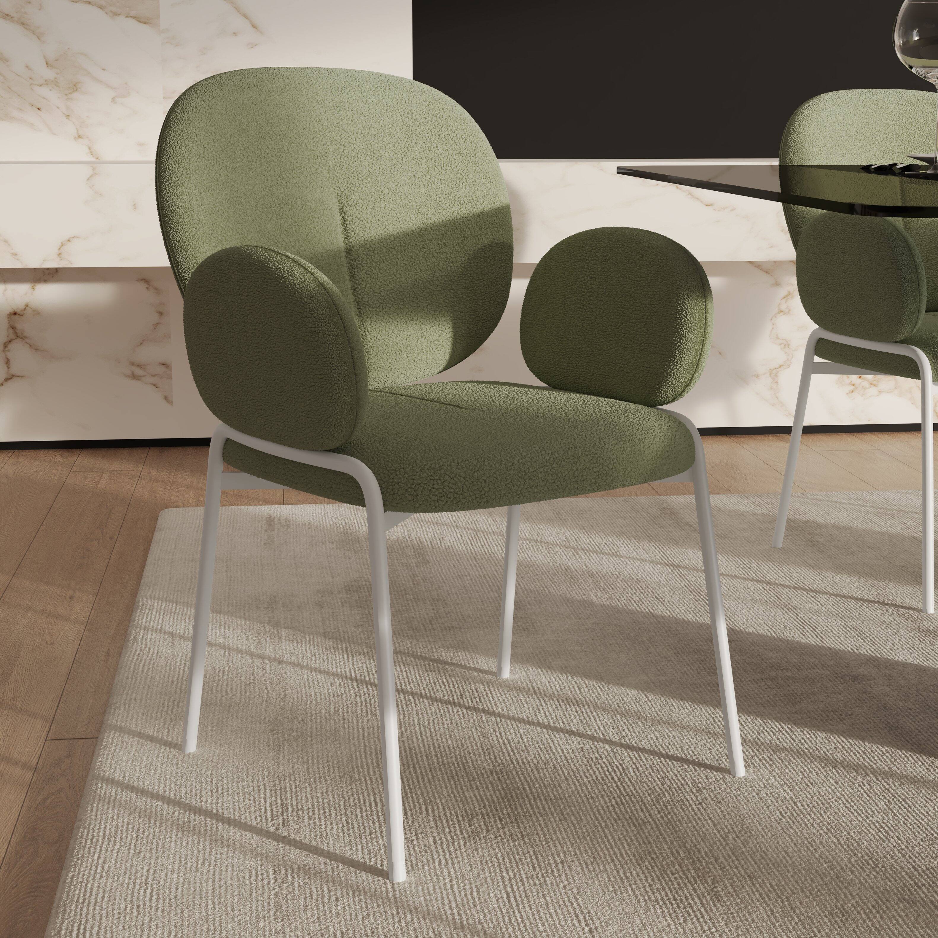 Angle. LeisureMod - Celestial Modern Boucle Dining Chair with Arms, Textured Fabric Upholstered Armchair - White Metal Frame Kitchen Chair - Green.