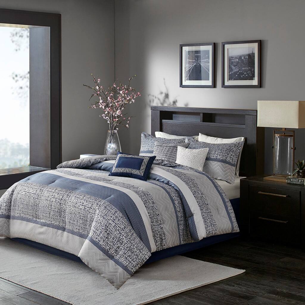 Alt View 1. Gracie Mills - Gracie Mills Hickman 7-Piece Transitional Striped Jacquard Comforter Set - Navy.