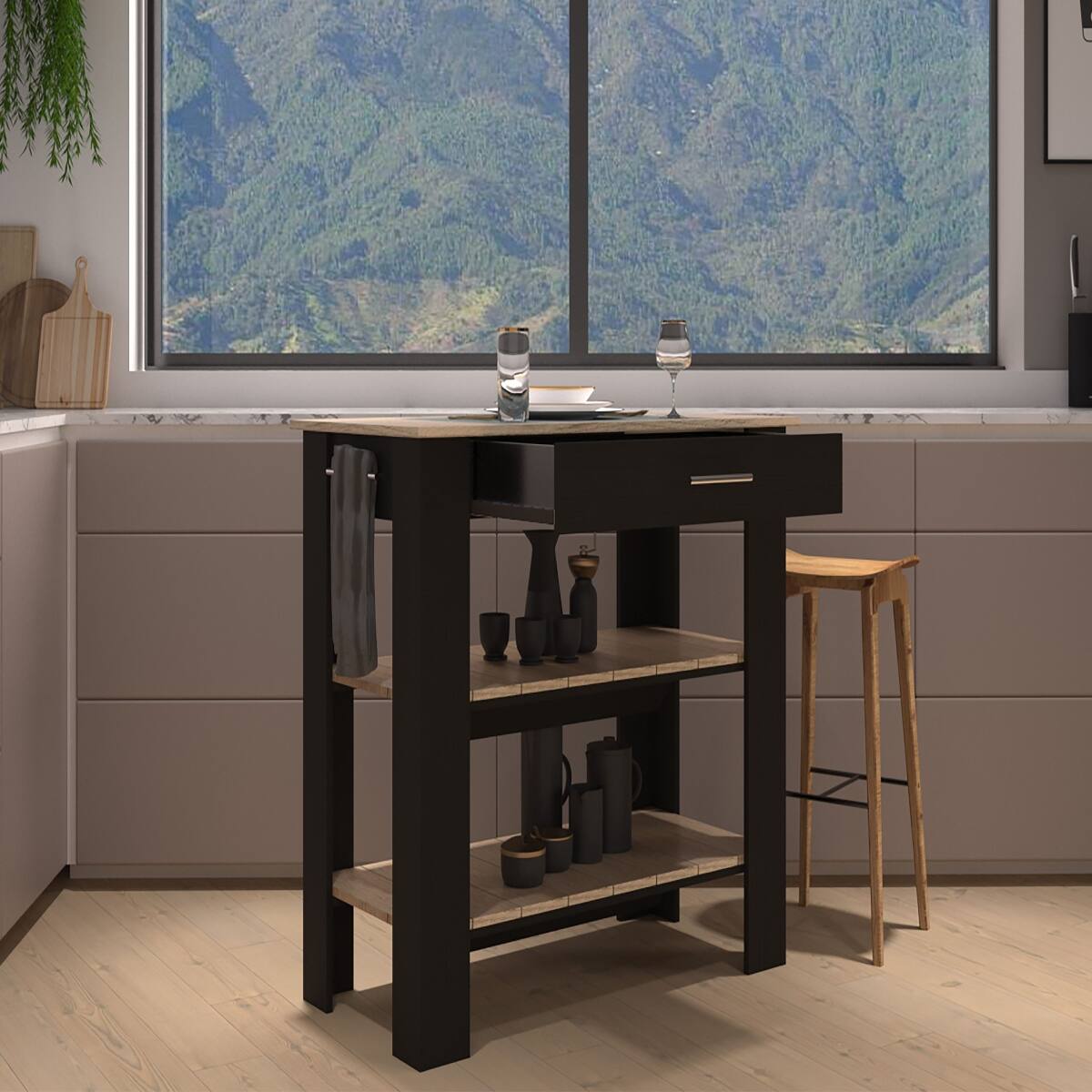 Angle. Loheer - Loheer 37 inch tall freestanding kitchen island with two open storage shelves and drawer Black Light Oak - Black / Light Oak.