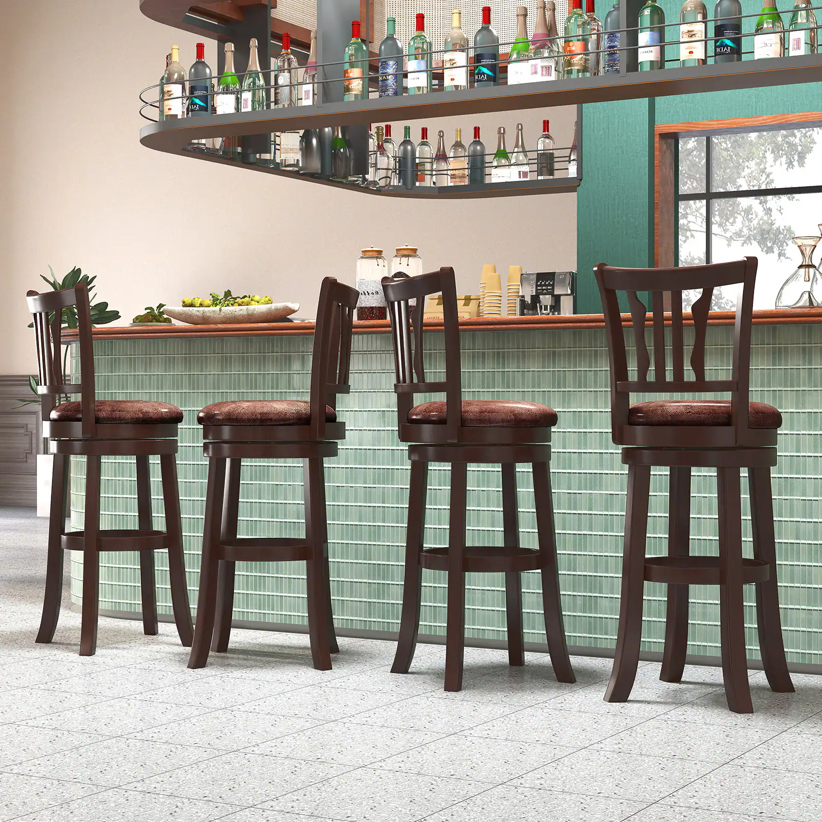 Alt View 5. Gymax - Gymax 30'' Bar Height Swivel Bar Stools Set of 4 w/Back & Faux Leather Seat - Brown.