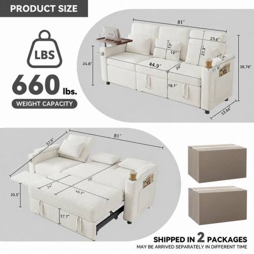 PRODUCT SIZE  
81" L x 24.8" W x 66" H  
WEIGHT CAPACITY: 660 lbs.  
SHIPPED IN 2 PACKAGES  
MAY BE ARRIVED SEPARATELY IN DIFFERENT TIME