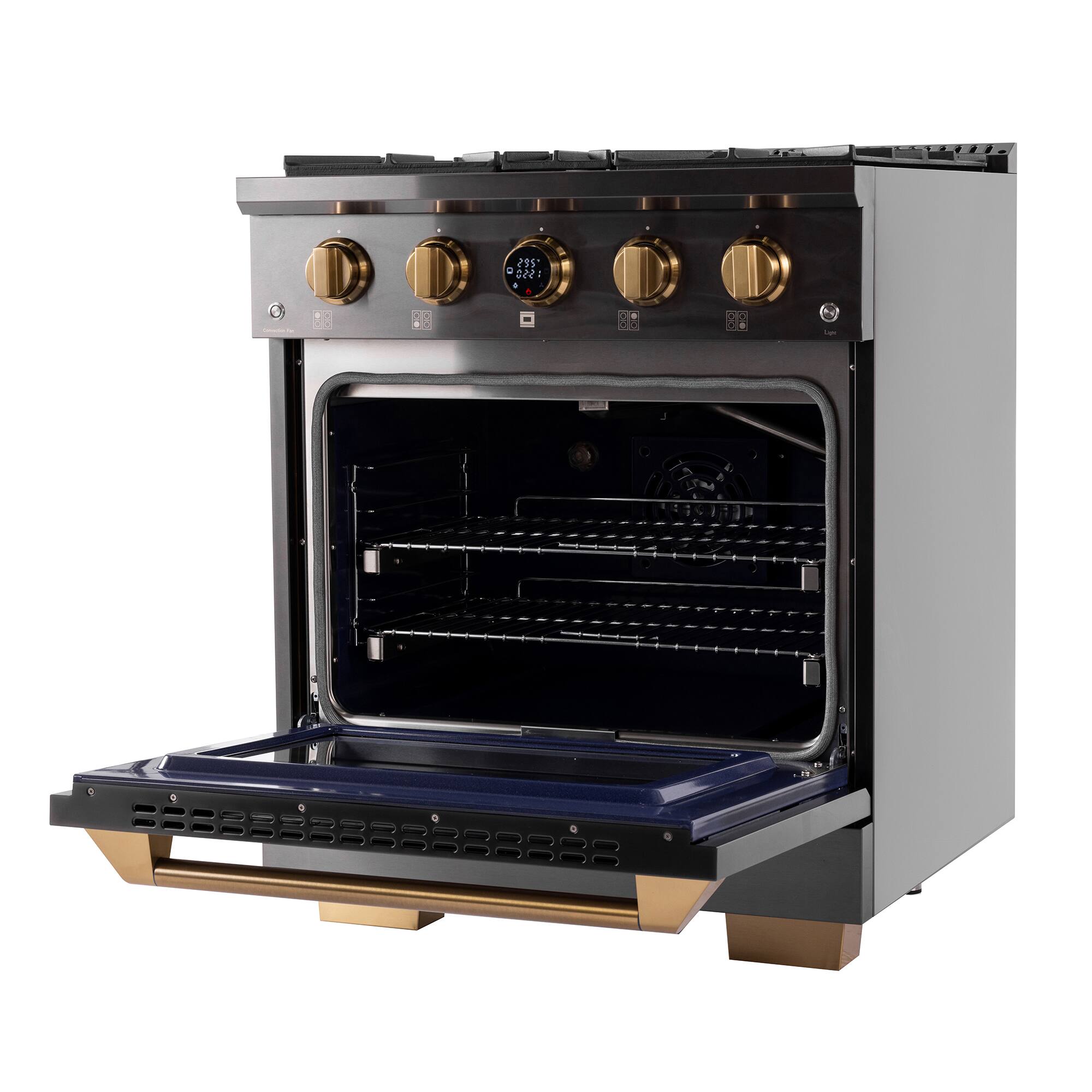 Alt View 3. Kucht - 30 in. 4.2 cu. ft. 4 Burners Dual Fuel Range for Propane Gas in Titanium Stainless Steel + Under Cabinet Range Hood - Gemstone with Gold accents.