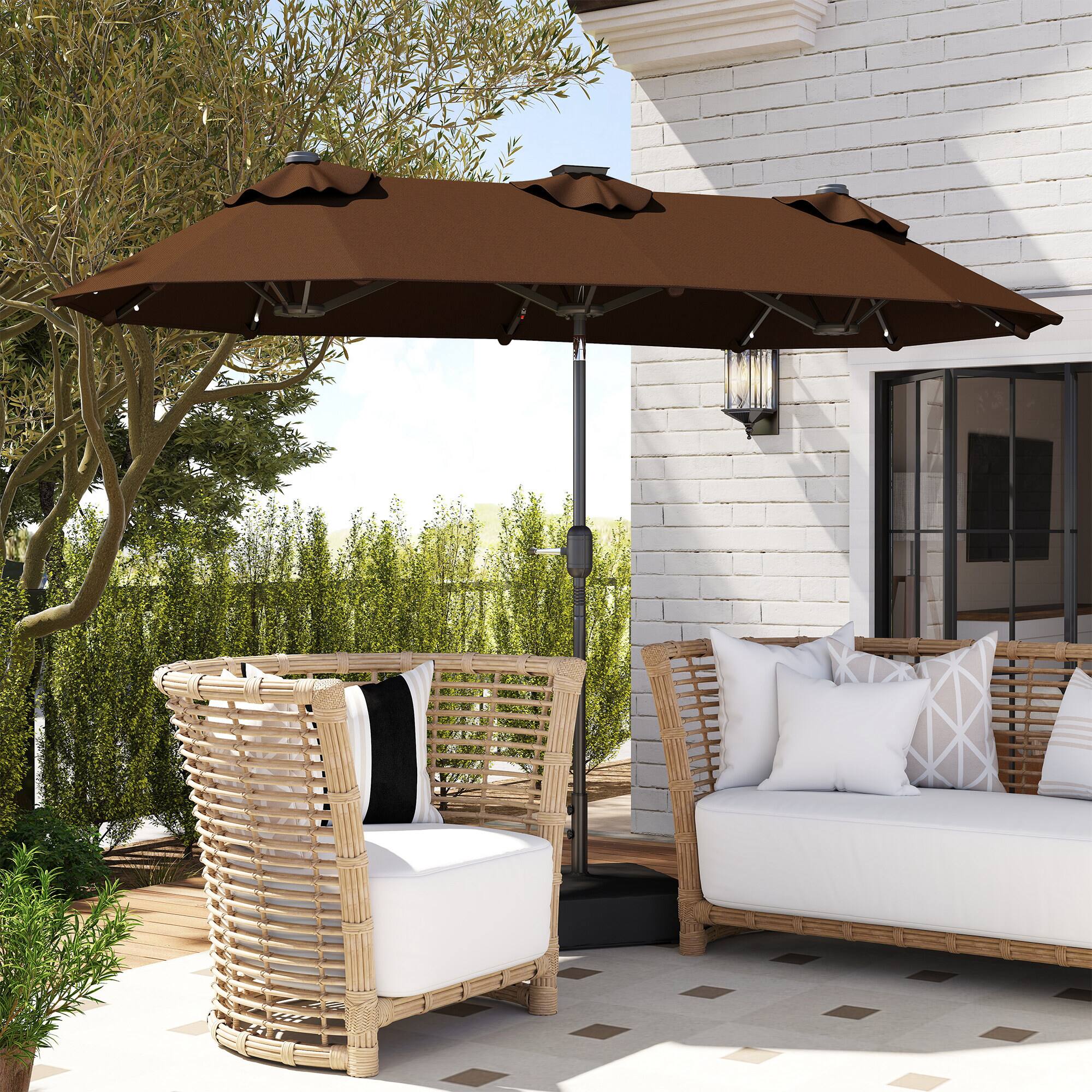 Alt View 5. Outsunny - 10ft Double-sided Patio Umbrella with Solar Lights and Sandbag Base, Outdoor Umbrella with Push Button Tilt, Crank - Coffee.