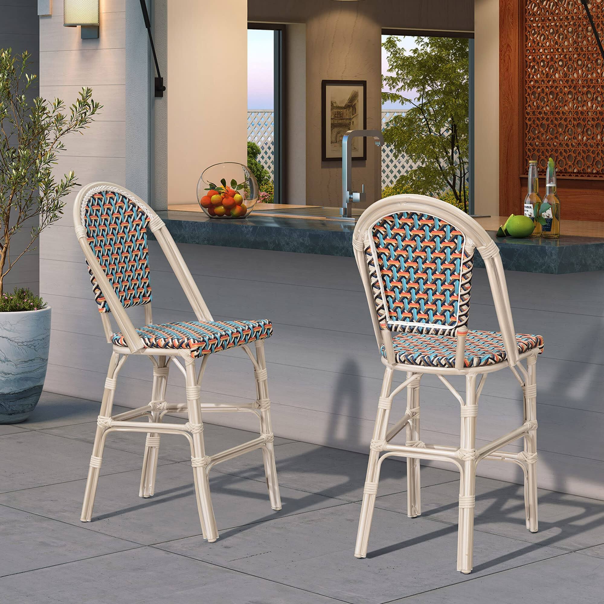 Alt View 2. PURPLE LEAF - French Bar Height Bar Stool Set of 2 Patio Bar Chairs with Back Rattan Bar Chairs French Bistro Set - White Frame/Colorful-Bar Stool.