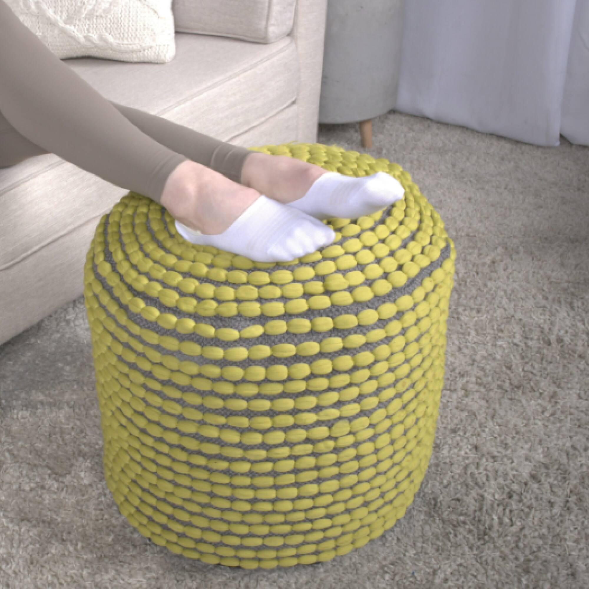 Left. GOODSILO - Water Resistant Handcrafted Cylindrical Pouf Ottoman for Indoor Use - Green.