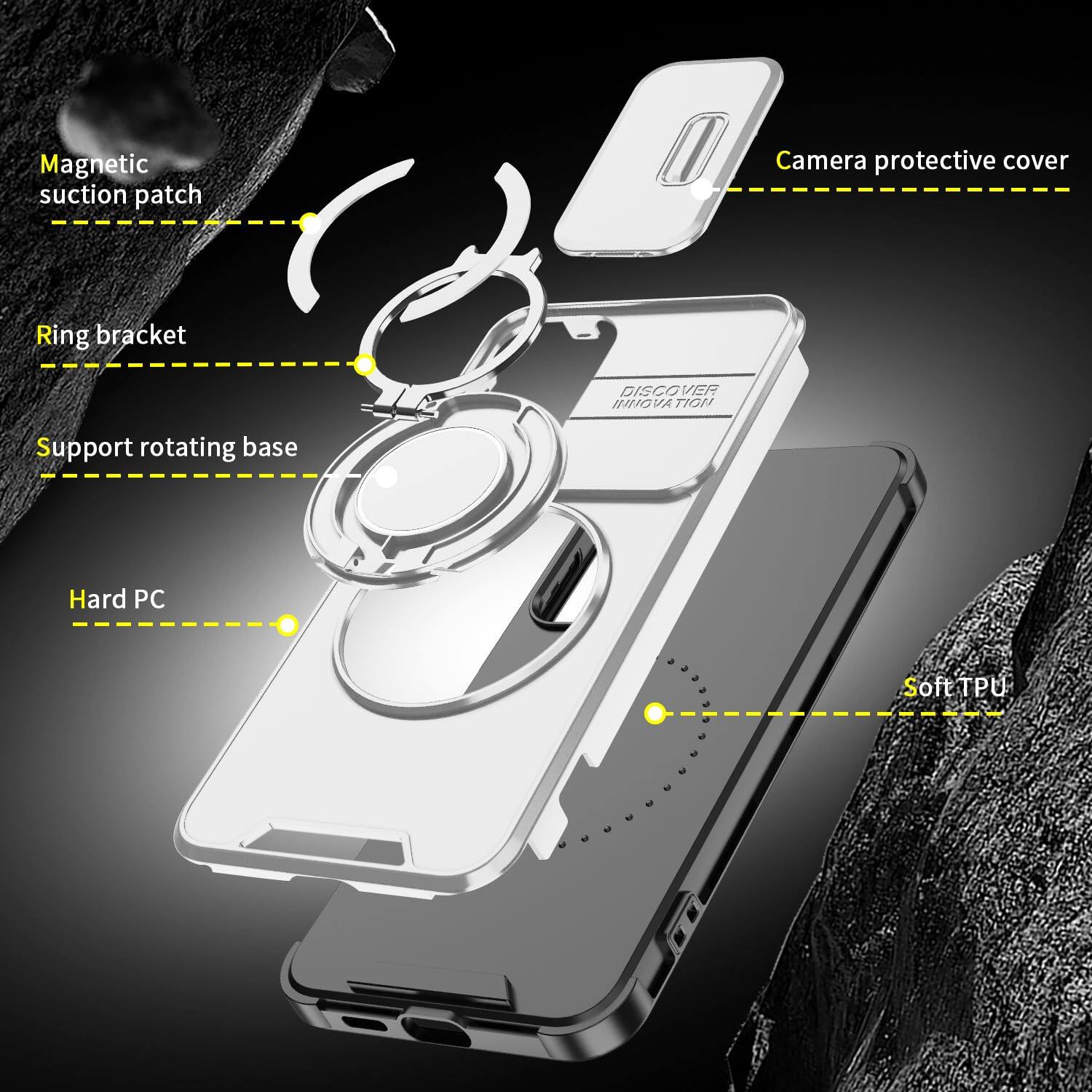 - Magnetic suction patch
- Camera protective cover
- Ring bracket
- Support rotating base
- Hard PC
- Soft TPU