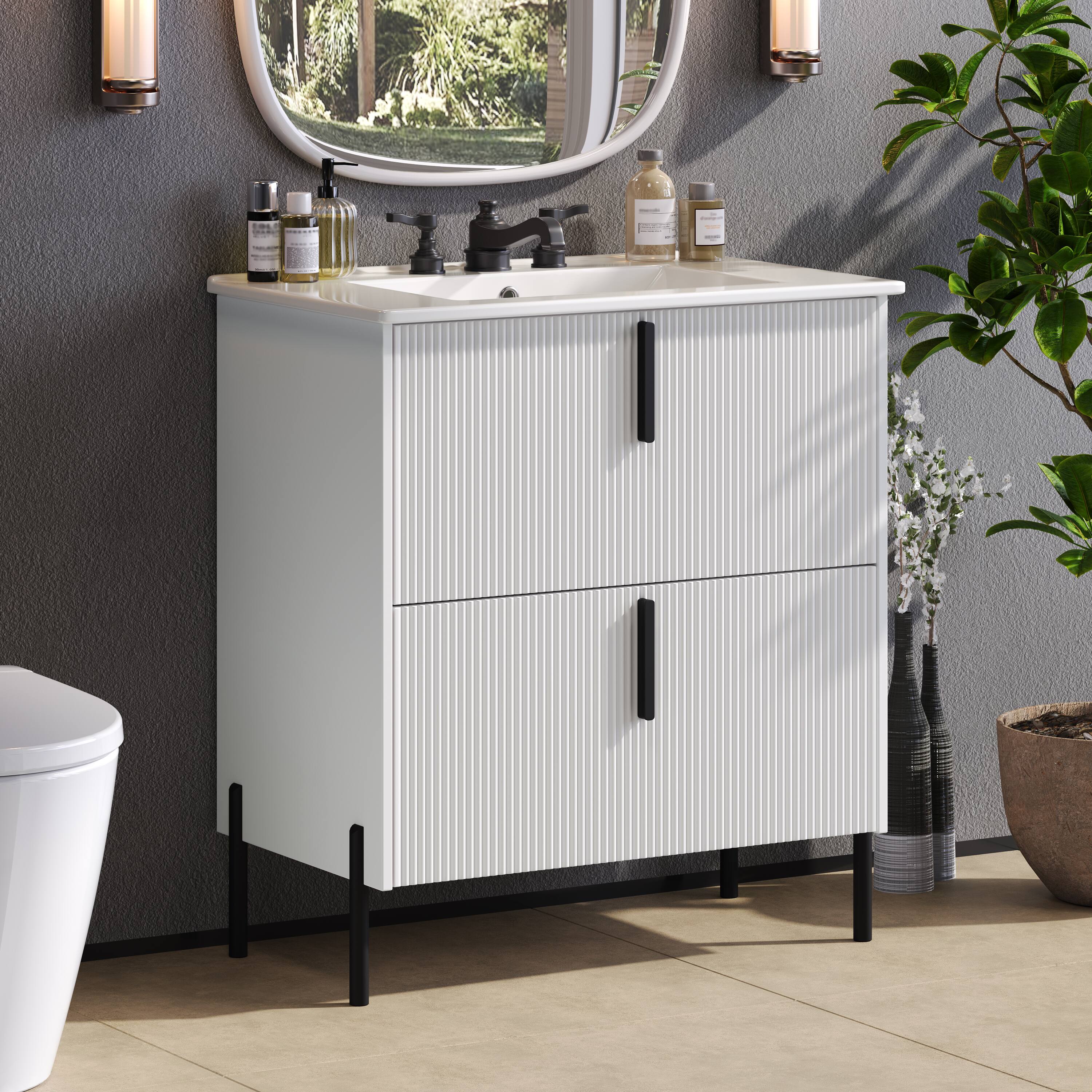 Left. Loheer - 2.5 ft Bathroom Vanity with Ceramic Sink and Fluted Cabinet - White.