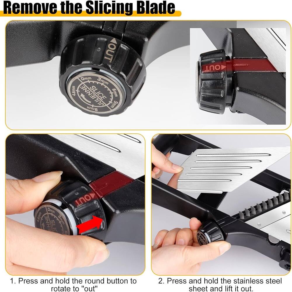 Remove the Slicing Blade

1. Press and hold the round button to rotate to "out"
2. Press and hold the stainless steel sheet and lift it out.