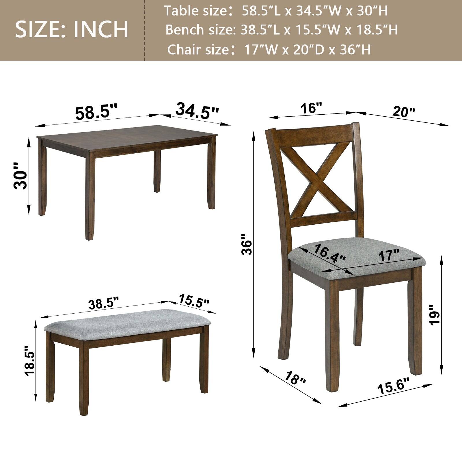 **SIZE: INCH**

- Table size: 58.5"L x 34.5"W x 30"H
- Bench size: 38.5"L x 15.5"W x 18.5"H
- Chair size: 17"W x 20"D x 36"H

**Dimensions:**

- Table: 58.5" L, 34.5" W, 30" H
- Bench: 38.5" L, 15.5" W, 18.5" H
- Chair: 17" W, 20" D, 36" H

**Additional Measurements:**

- 16"
- 20"
- 16.4"
- 17"
- 18.5"
- 38.5"
- 15.5"
- 18"
- 15.6"
- 19"