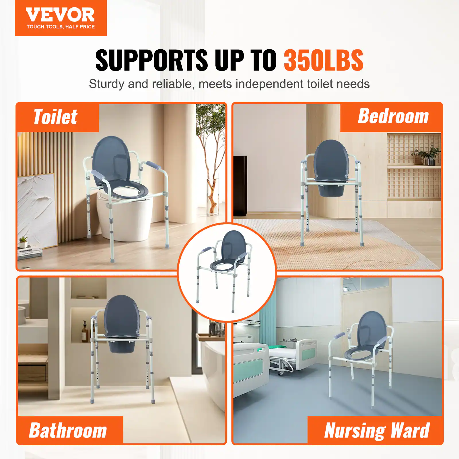 VEVOR TOUGH TOOLS. HALF PRICE
SUPPORTS UP TO 350LBS
Sturdy and reliable, meets independent toilet needs
Toilet
Bedroom
Bathroom
Nursing Ward