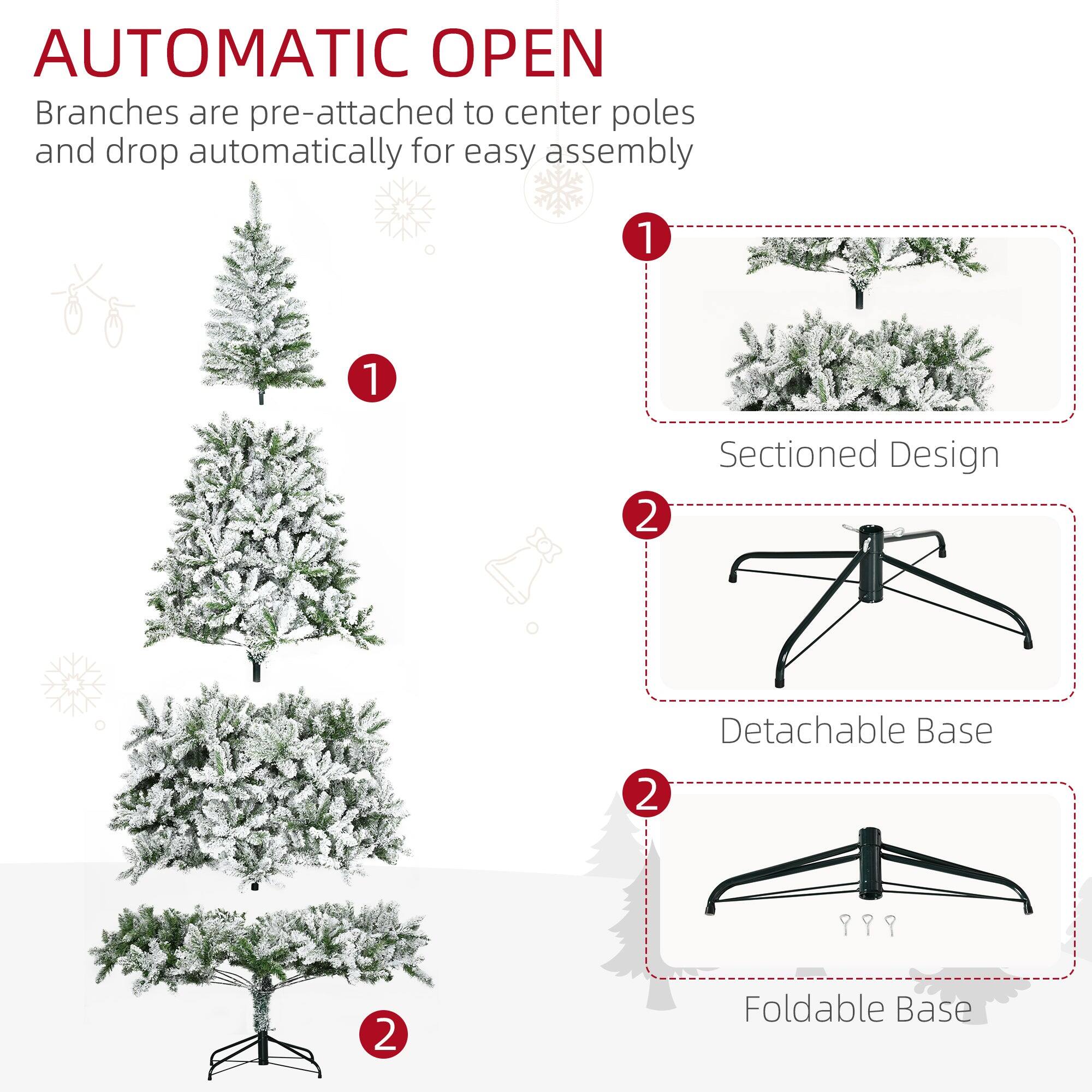 AUTOMATIC OPEN  
Branches are pre-attached to center poles and drop automatically for easy assembly  

1. Sectioned Design  
2. Detachable Base  
2. Foldable Base