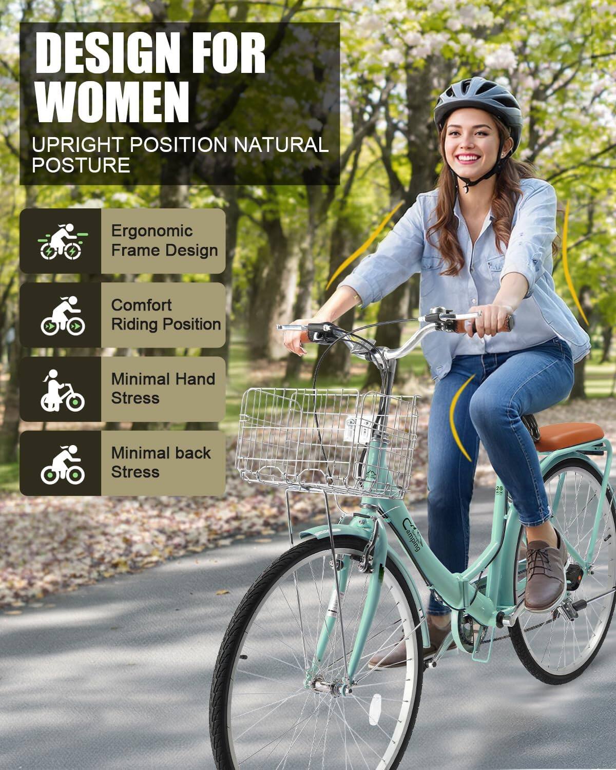 DESIGN FOR WOMEN  
UPRIGHT POSITION NATURAL POSTURE  

- Ergonomic Frame Design  
- Comfort Riding Position  
- Minimal Hand Stress  
- Minimal back Stress  

2 amping
