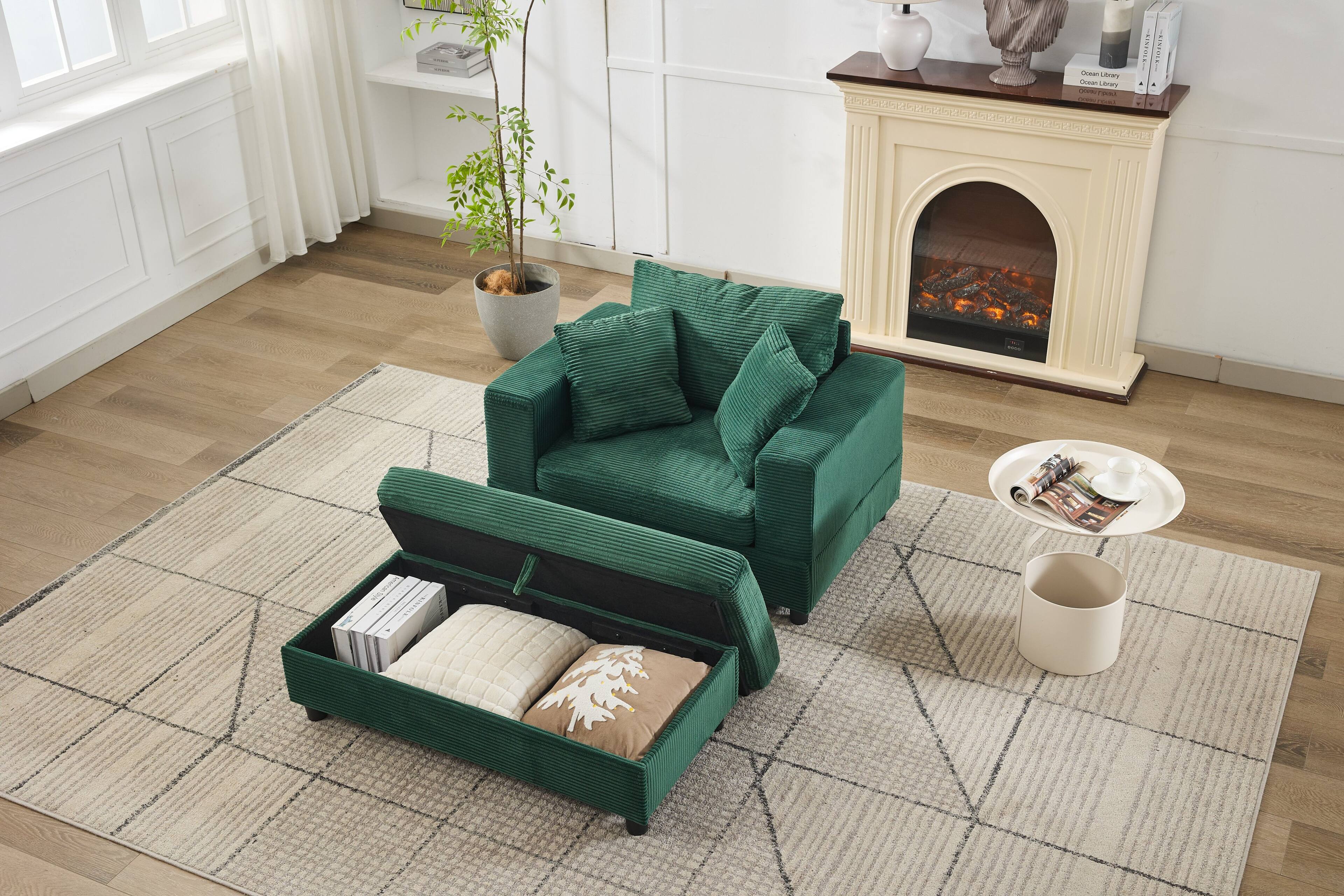 TinyHomie - Chaise Lounge Chair with Removable Storage Ottoman Accent Sofa Bed Upholstered Sleeper Couch Bed with Pillows - Green
