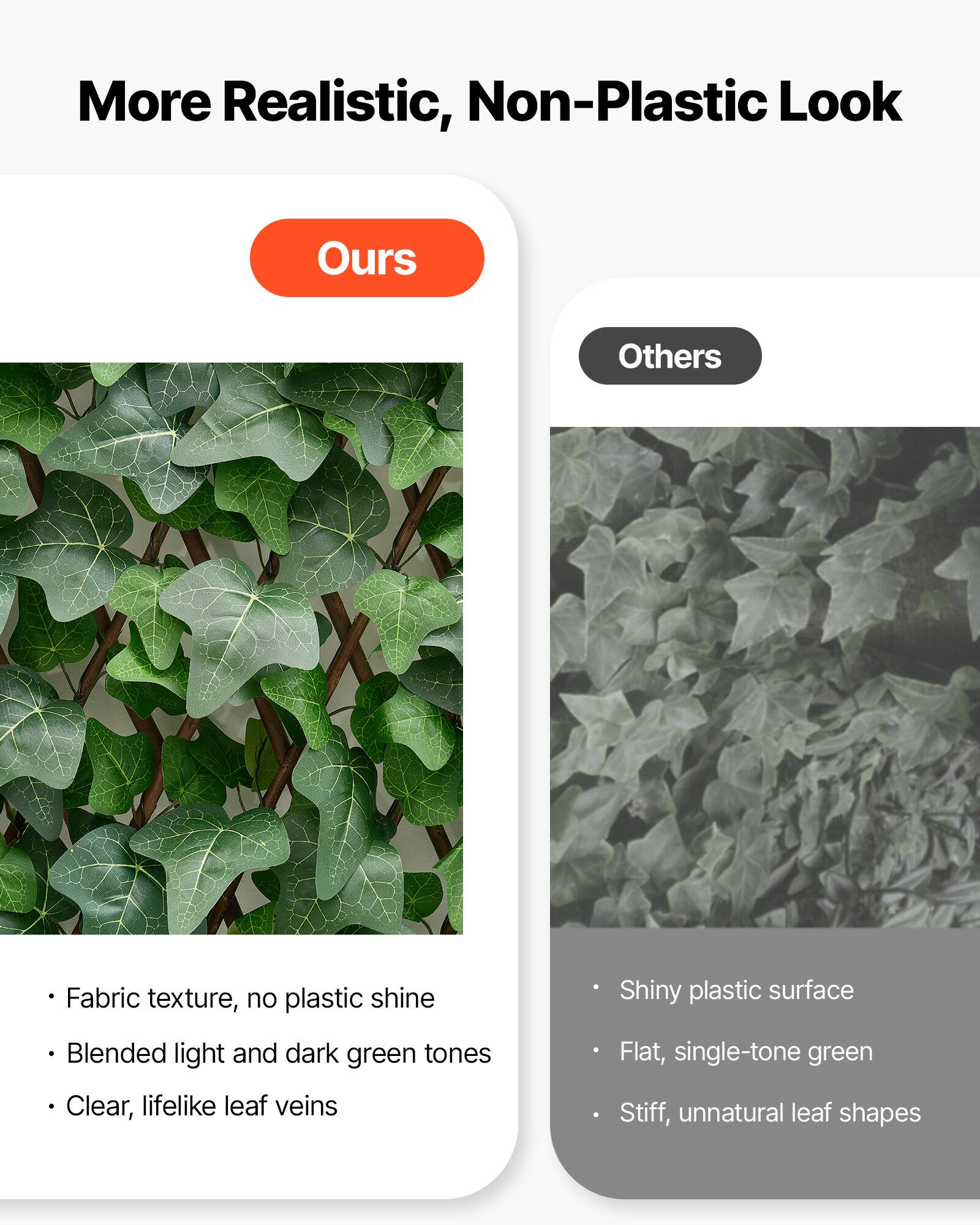More Realistic, Non-Plastic Look

**Ours**
- Fabric texture, no plastic shine
- Blended light and dark green tones
- Clear, lifelike leaf veins

**Others**
- Shiny plastic surface
- Flat, single-tone green
- Stiff, unnatural leaf shapes