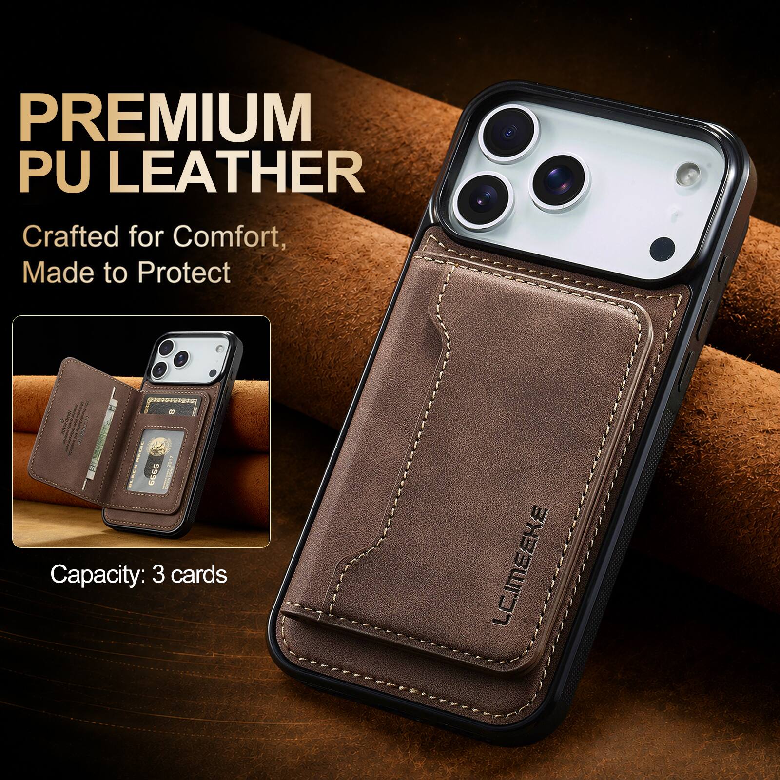 PREMIUM PU LEATHER  
Crafted for Comfort, Made to Protect  

Capacity: 3 cards  

LC.IMEEKE