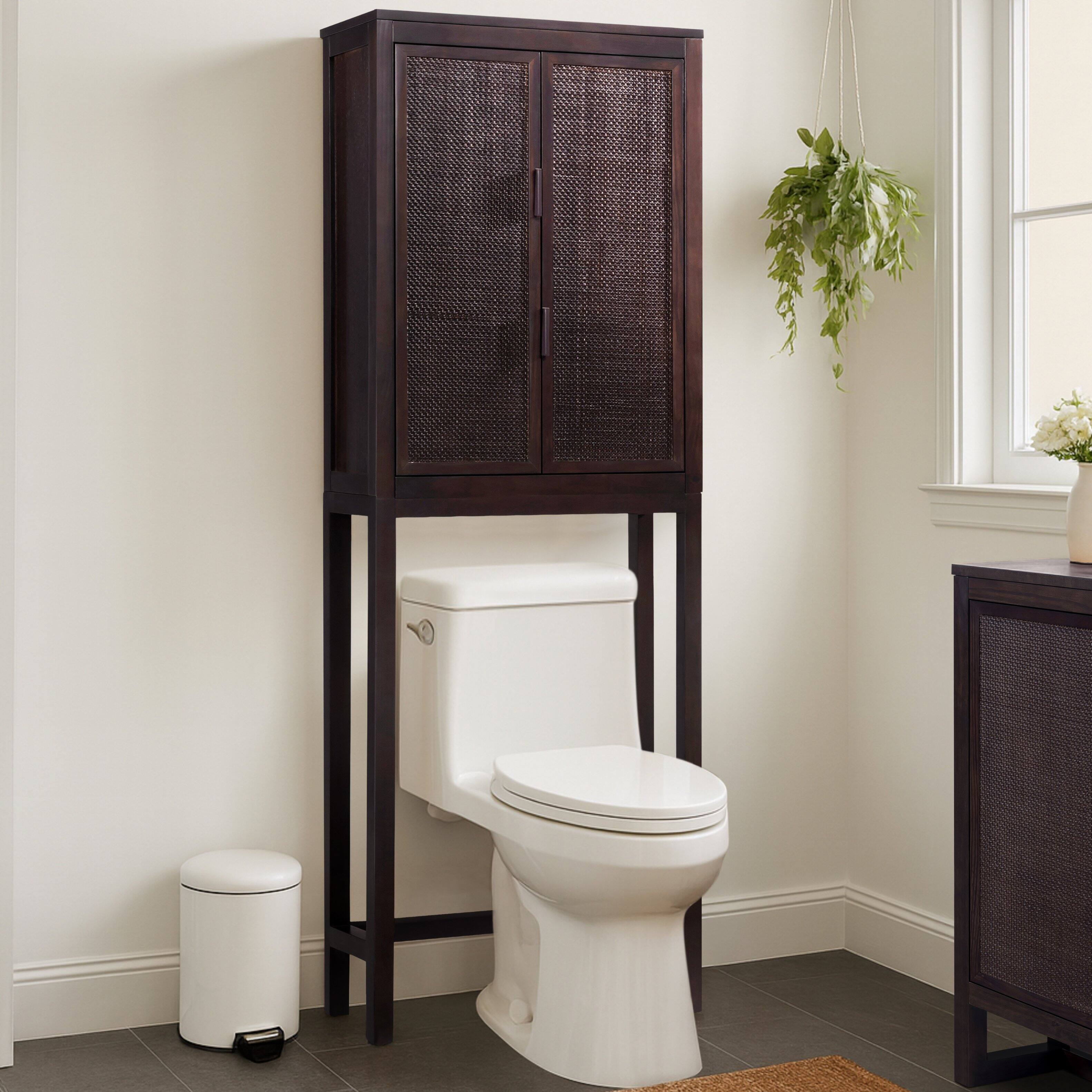 Angle. Teamson Home - Hatteras Over the Toilet Cabinet with Rattan Inlay Doors and Sturdy Shelves - Black.